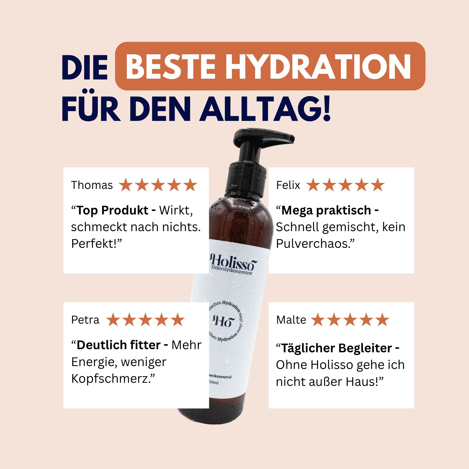 Produktflasche mit Sternenbewertungen und Zitaten von Kunden. Text: Die beste Hydration für den Alltag!
