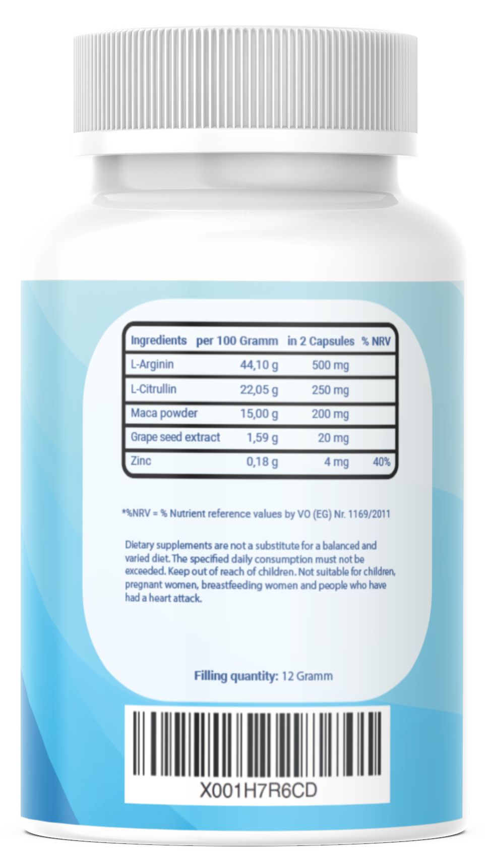 Rückseite einer weißen Flasche mit Kapseln. Zutatenliste: L-Arginin, L-Citrullin, Maca-Pulver, Traubenkernextrakt, Zink. Barcode unten.