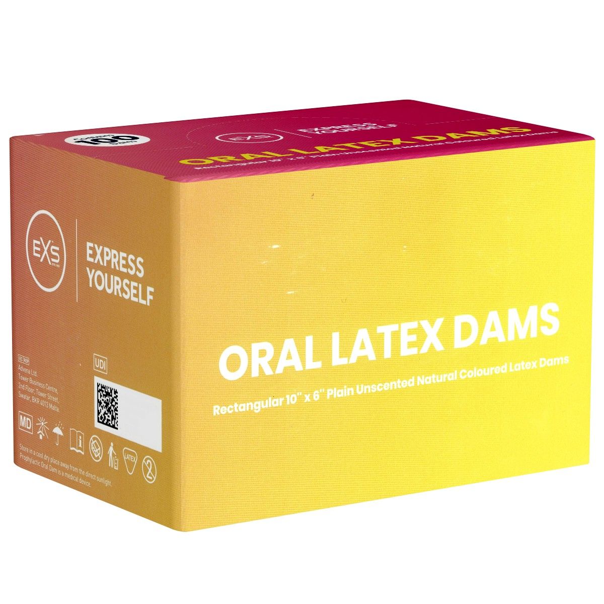 Verpackung mit der Aufschrift "ORAL LATEX DAMS". Rechteckig, 10" x 6", unparfümiert, Naturfarben.