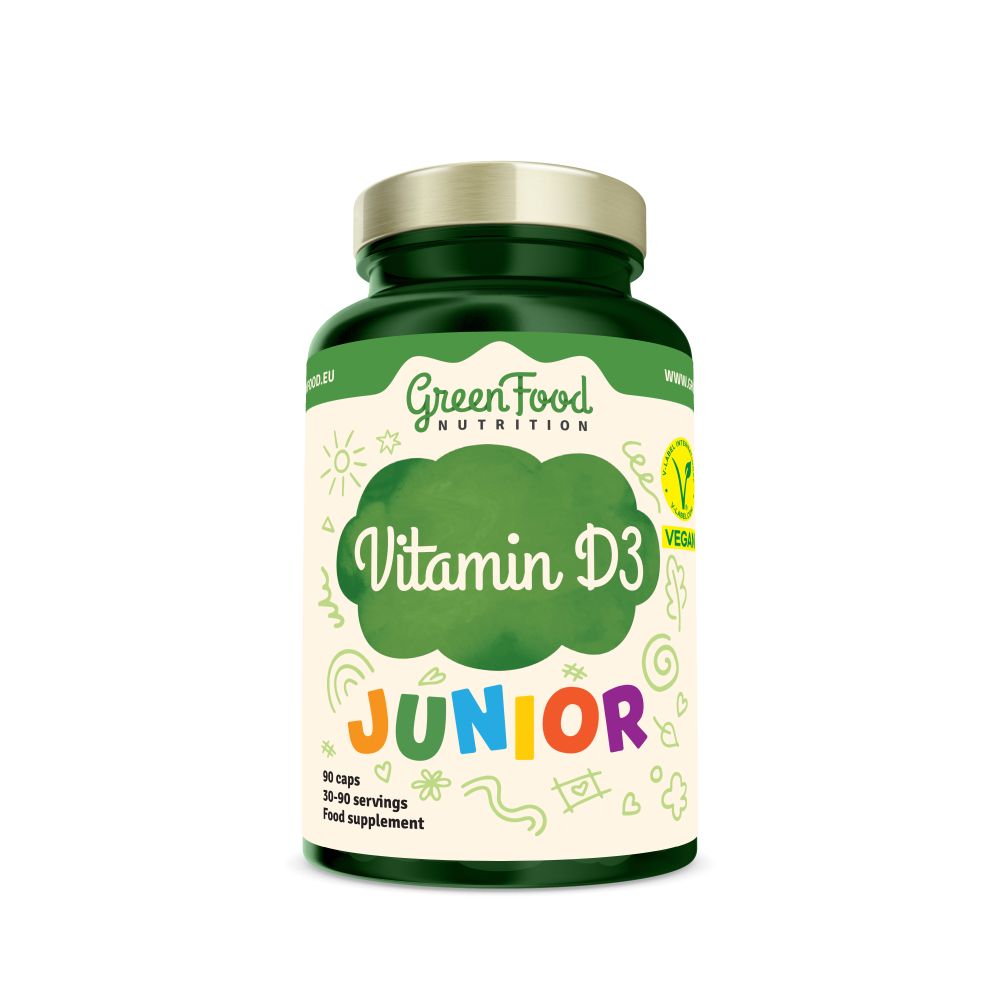 Grüne Dose mit GreenFood Nutrition Vitamin D3 Junior Kapseln. Enthält 90 Kapseln.
