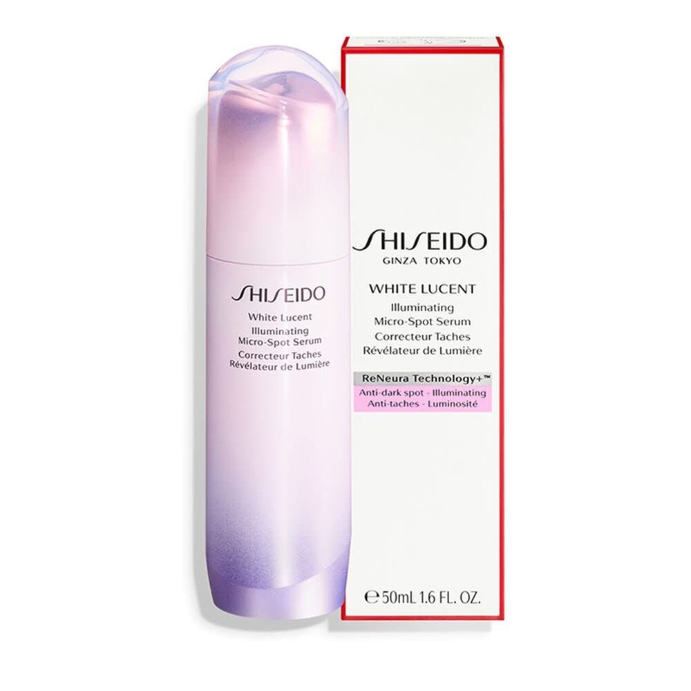Shiseido White Lucent Serum. Flakon und Verpackung. Weiß-rosa Farbverlauf. Text: White Lucent, Illuminating Micro-Spot Serum, Anti-Flecken.