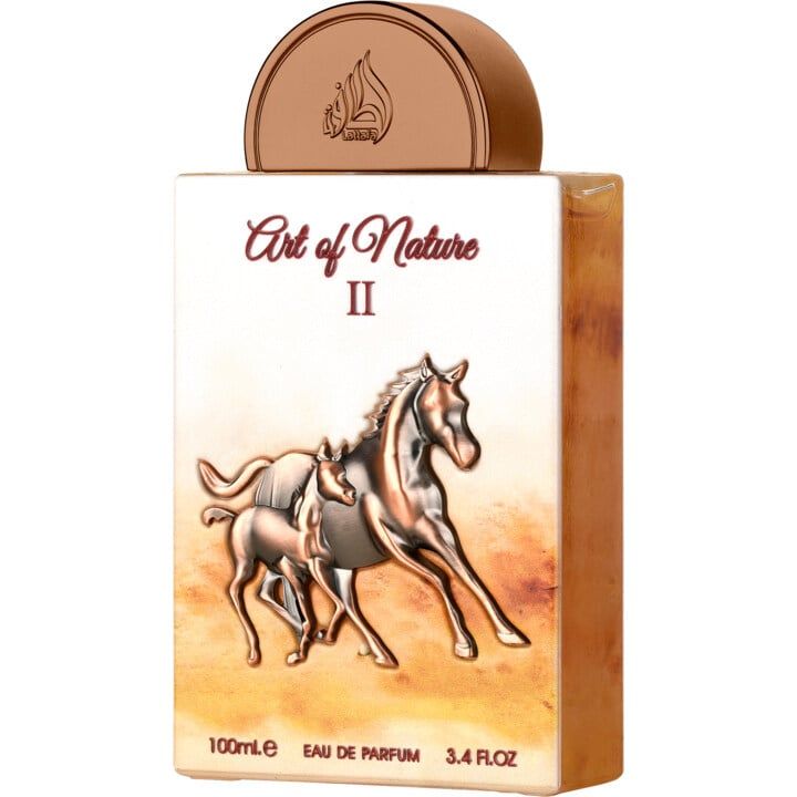 Parfümflakon mit braunem Deckel. Aufschrift "Art of Nature II". Relief von Pferden. "Eau de Parfum" und "3.4 FL.OZ" sichtbar.