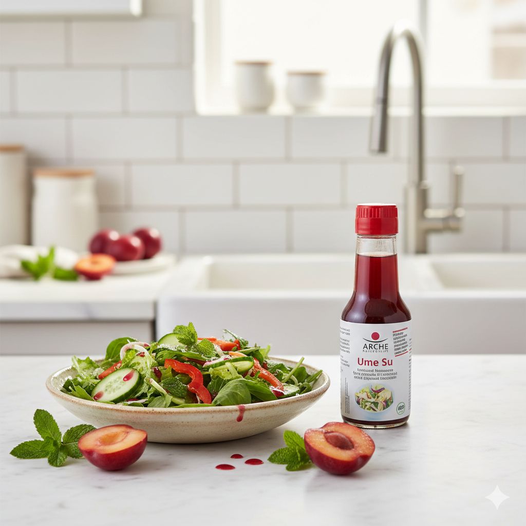 Arche Ume Su Bio Flasche neben einem Salat mit Pflaumen und Minze.