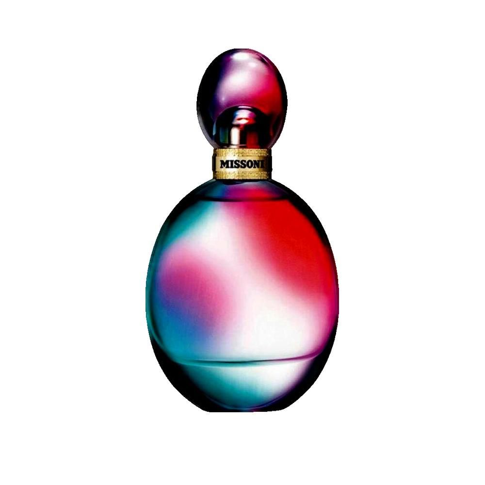 Runder Flakon mit ovalem Deckel. Farbverlauf von Blau zu Pink. Goldener Verschluss mit "MISSONI" Schriftzug.