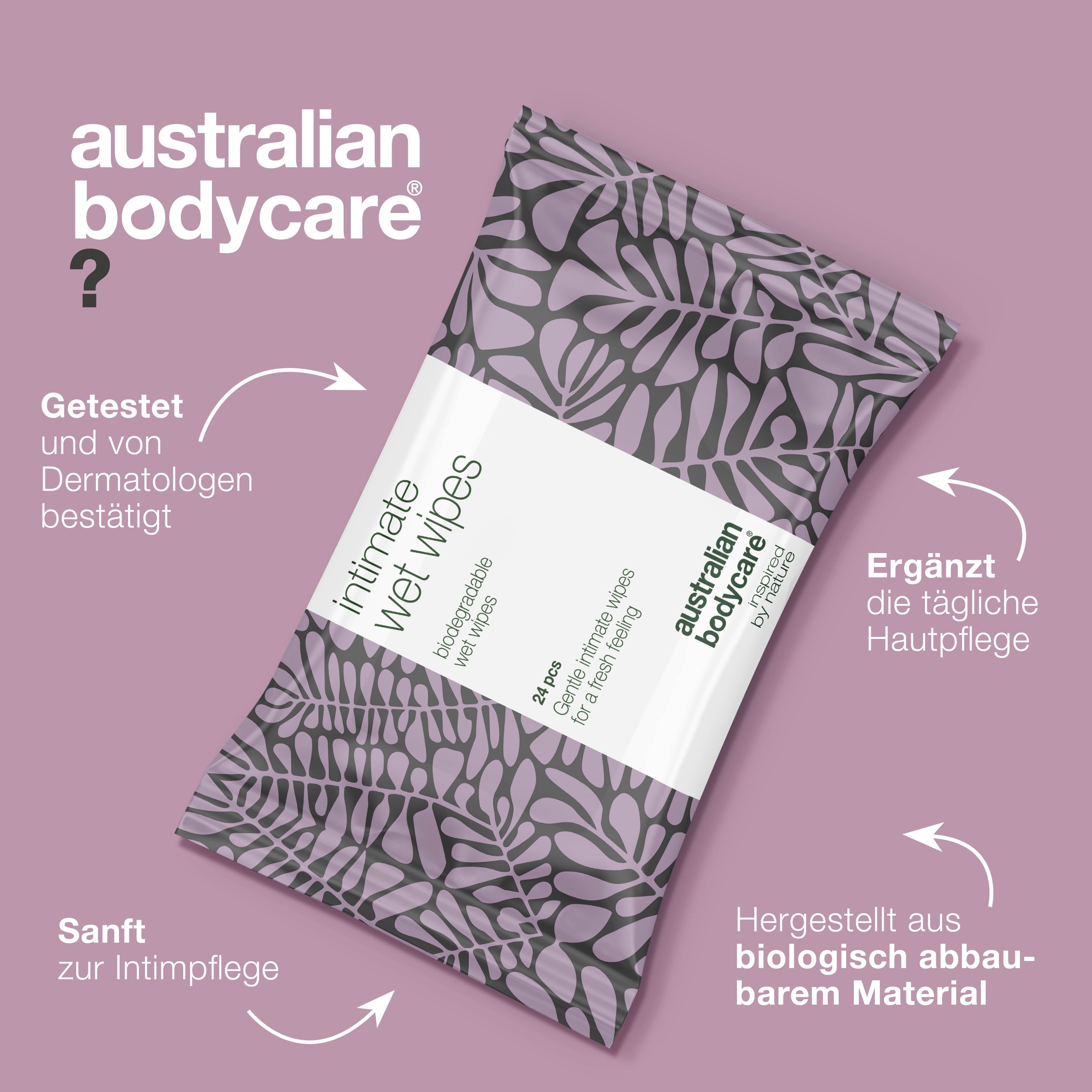 Verpackung Intim-Feuchttücher. Text: Getestet und von Dermatologen bestätigt. Sanft zur Intimpflege. Biologisch abbaubar.