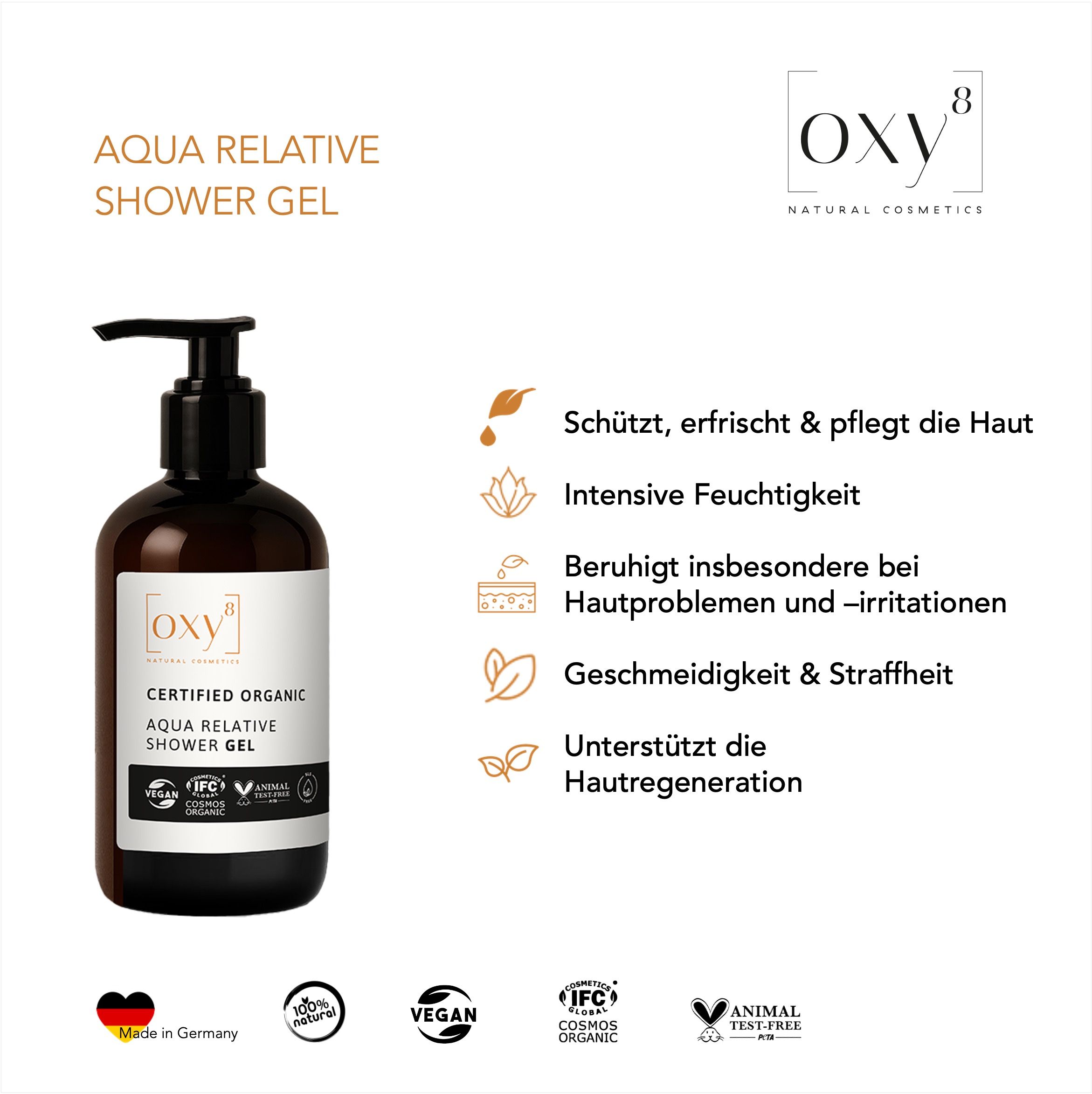 Eine Flasche Duschgel mit schwarzem Pumpverschluss. Auf dem Etikett steht "Certified Organic" und "Aqua Relative Shower Gel".