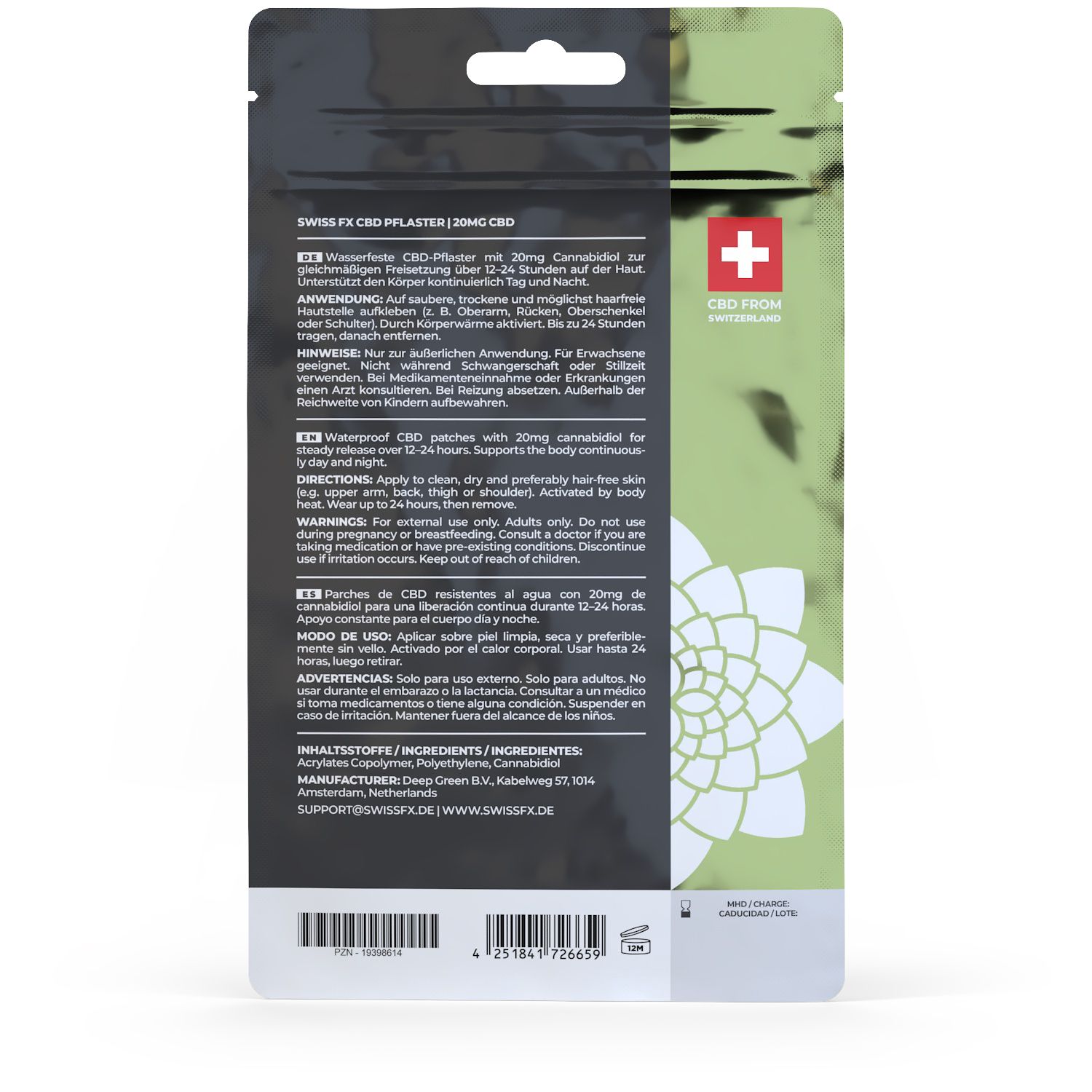 Rückseite der Swiss FX CBD Pflaster Verpackung mit Anwendungshinweisen und Inhaltsstoffen.