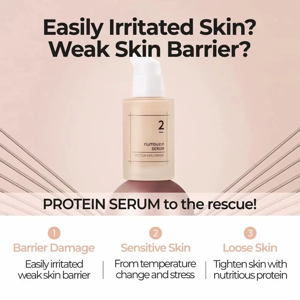 Werbung für Serum. Text: Easily Irritated Skin? Weak Skin Barrier? PROTEIN SERUM to the rescue! 3 Punkte.