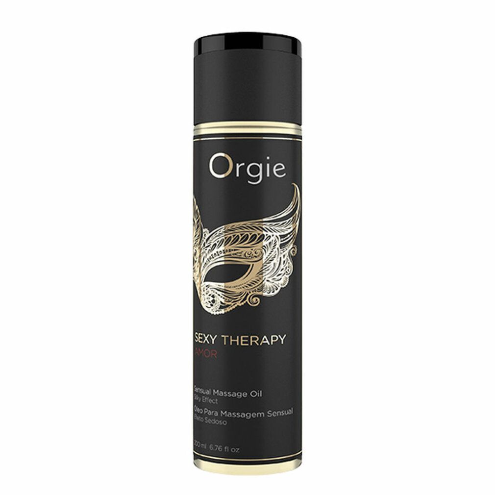 Schwarze Flasche mit goldener Verzierung. Aufschrift "Orgie", "Sexy Therapy Amor" und Masken-Design. Text in Englisch und Portugiesisch.