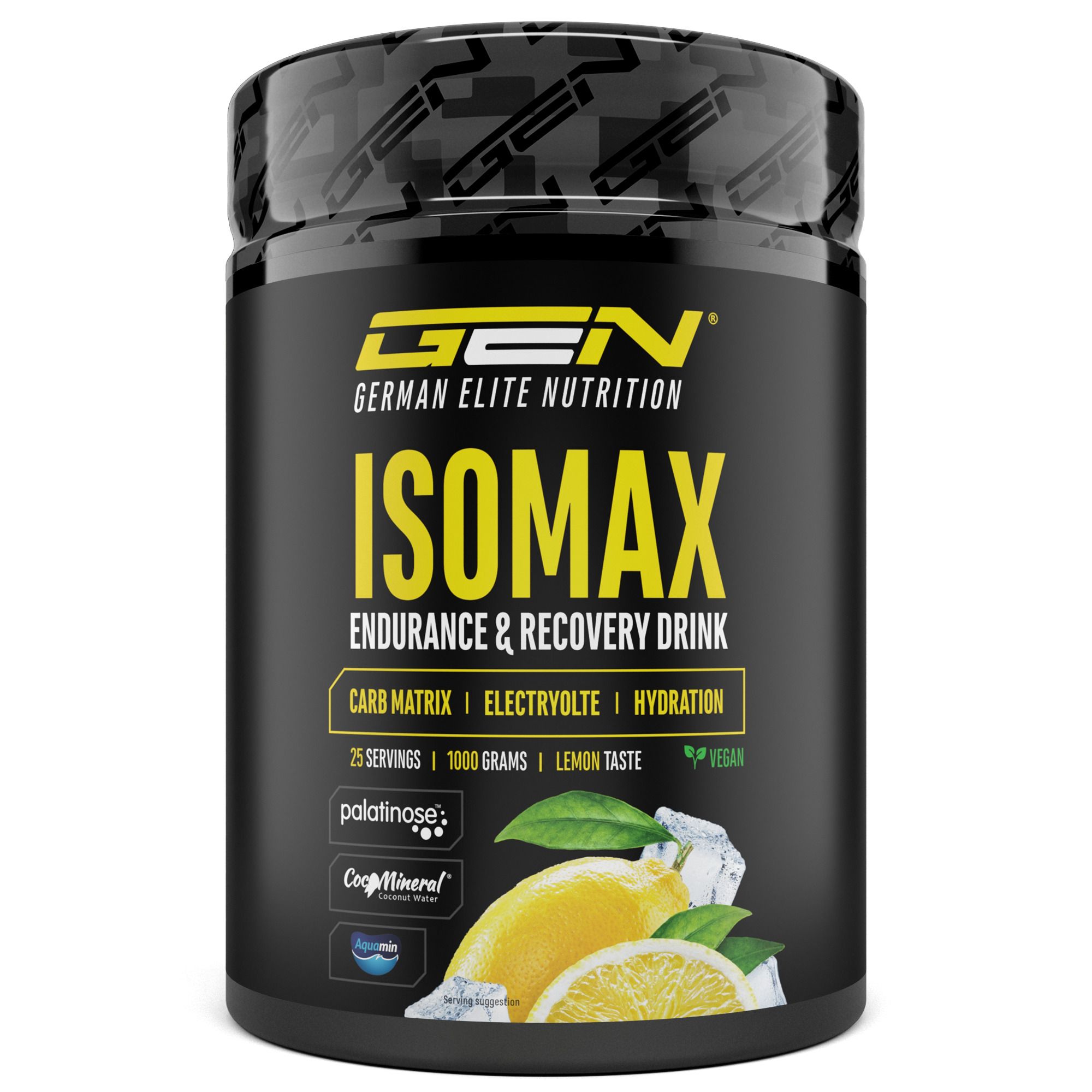 Schwarze Dose mit GEN Isomax. Aufschrift: Endurance & Recovery Drink, Carb Matrix, Electrolyte, Hydration, 25 Portionen, 1000g, Lemon Taste, Vegan.