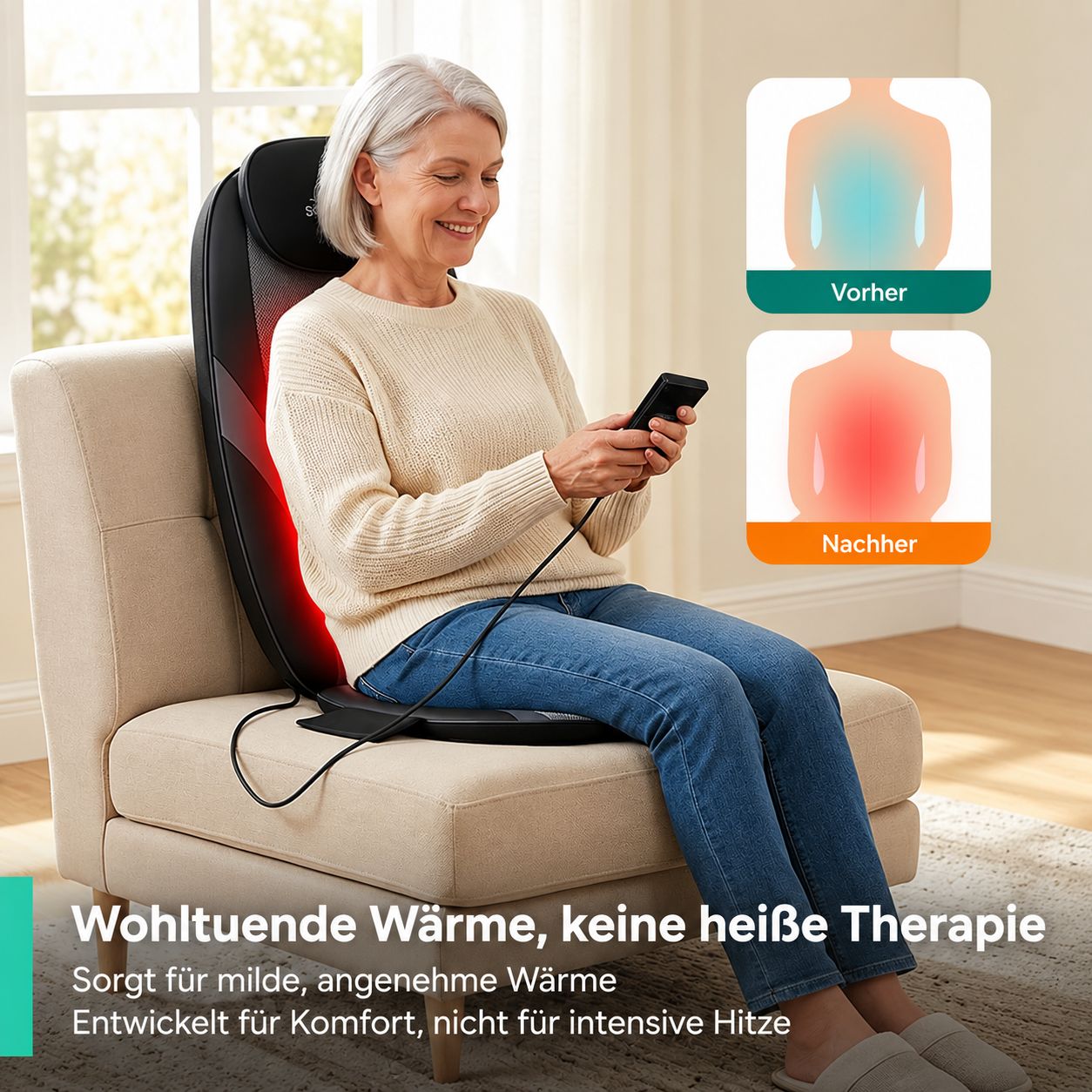 Nackenmassagegerät mit rotem Licht und Bedienelementen.