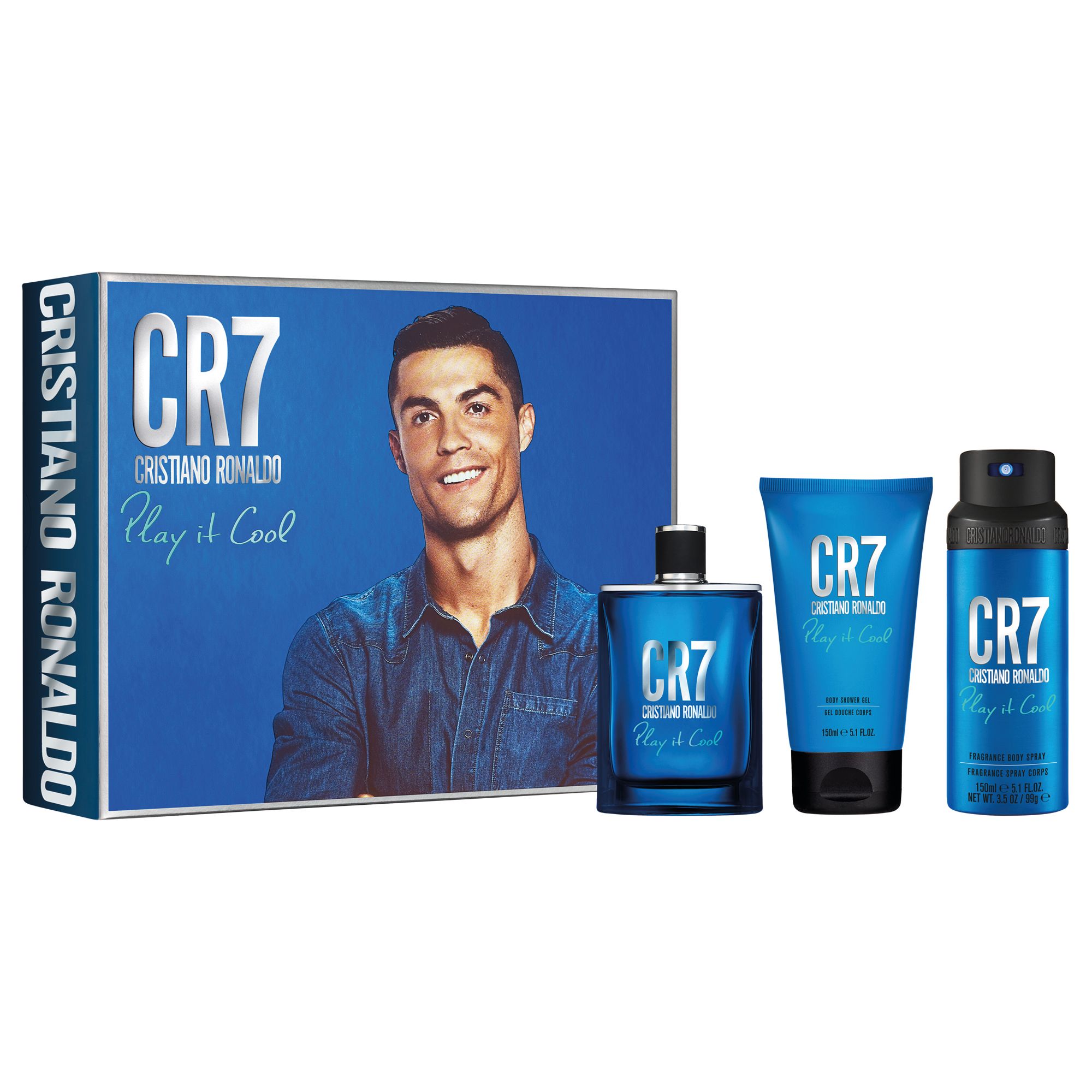 Geschenkset mit drei blauen Kosmetikprodukten und einem Bild von Cristiano Ronaldo. CR7 Cristiano Ronaldo Play It Cool ist sichtbar.