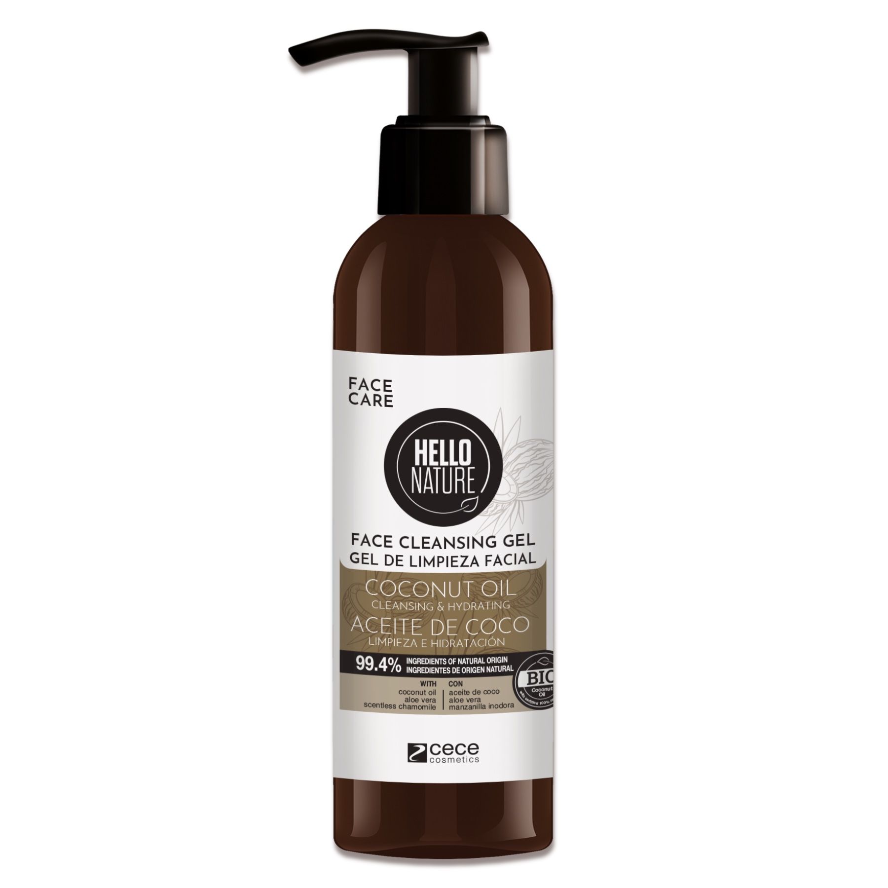 Gesichtsreinigungsgel mit Kokosöl. Braune Flasche mit Spender. Logo Hello Nature. Bio-Siegel.