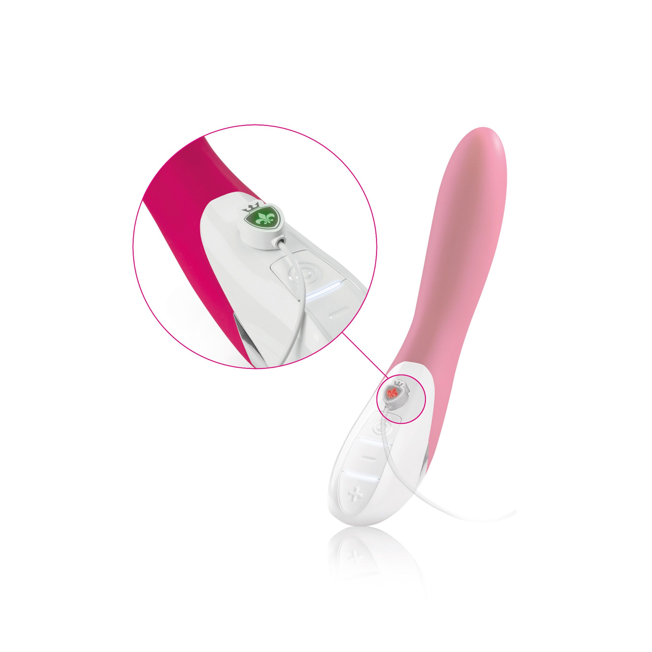 Pinkfarbener Vibrator mit weißem Bedienfeld. Detailansicht des Bedienfelds. Kabelanschluss.