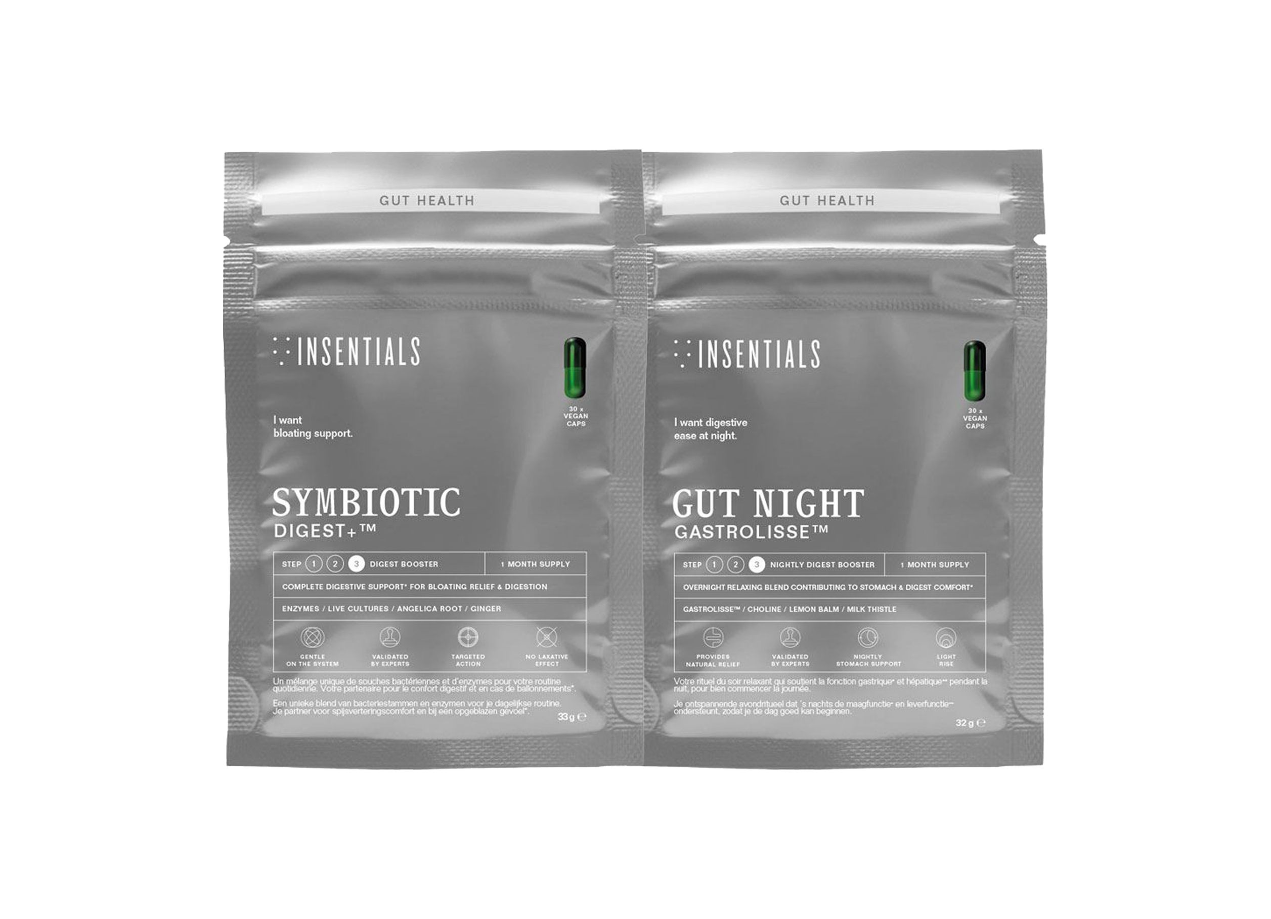 Zwei silberne Beutel, einer beschriftet mit 'Symbiotic Digest', der andere mit 'Gut Night Gastrolisse'.