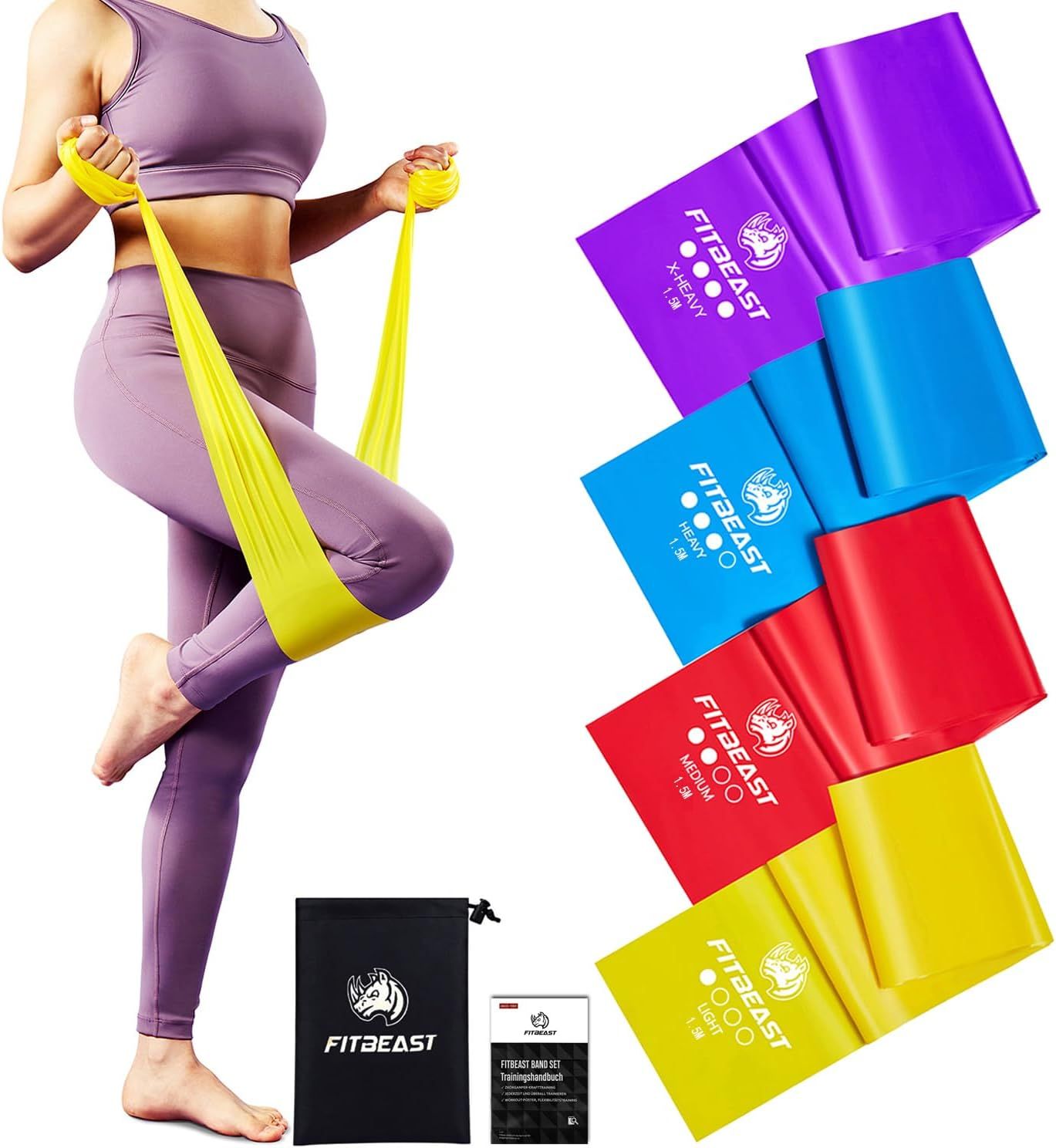 Frau mit Fitnessband, Zubehör und Produktverpackung.