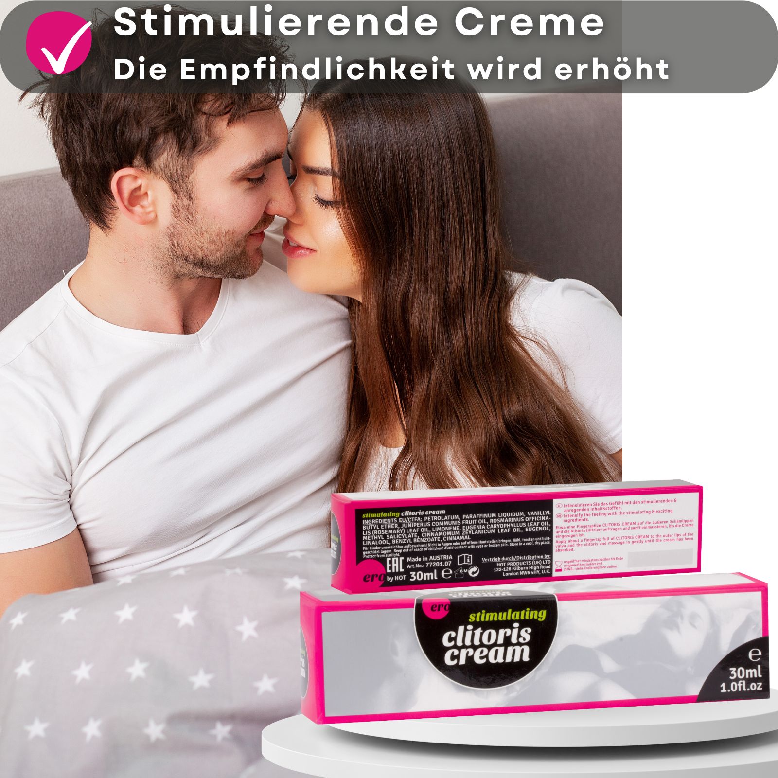 Schwarze Tube und Verpackung. Text: stimulating clitoris cream. Logo: Ero. Enthält 30ml. Personen im Hintergrund.