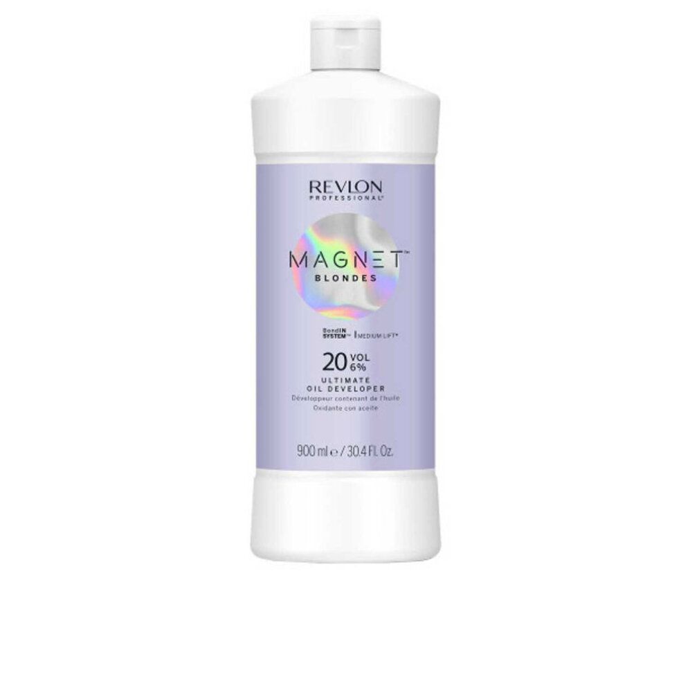 Flasche mit Produktetikett. Aufschrift: Revlon Magnet Blondes, 20 Vol. Ultimate Oil Developer. Volumen: 900 ml.