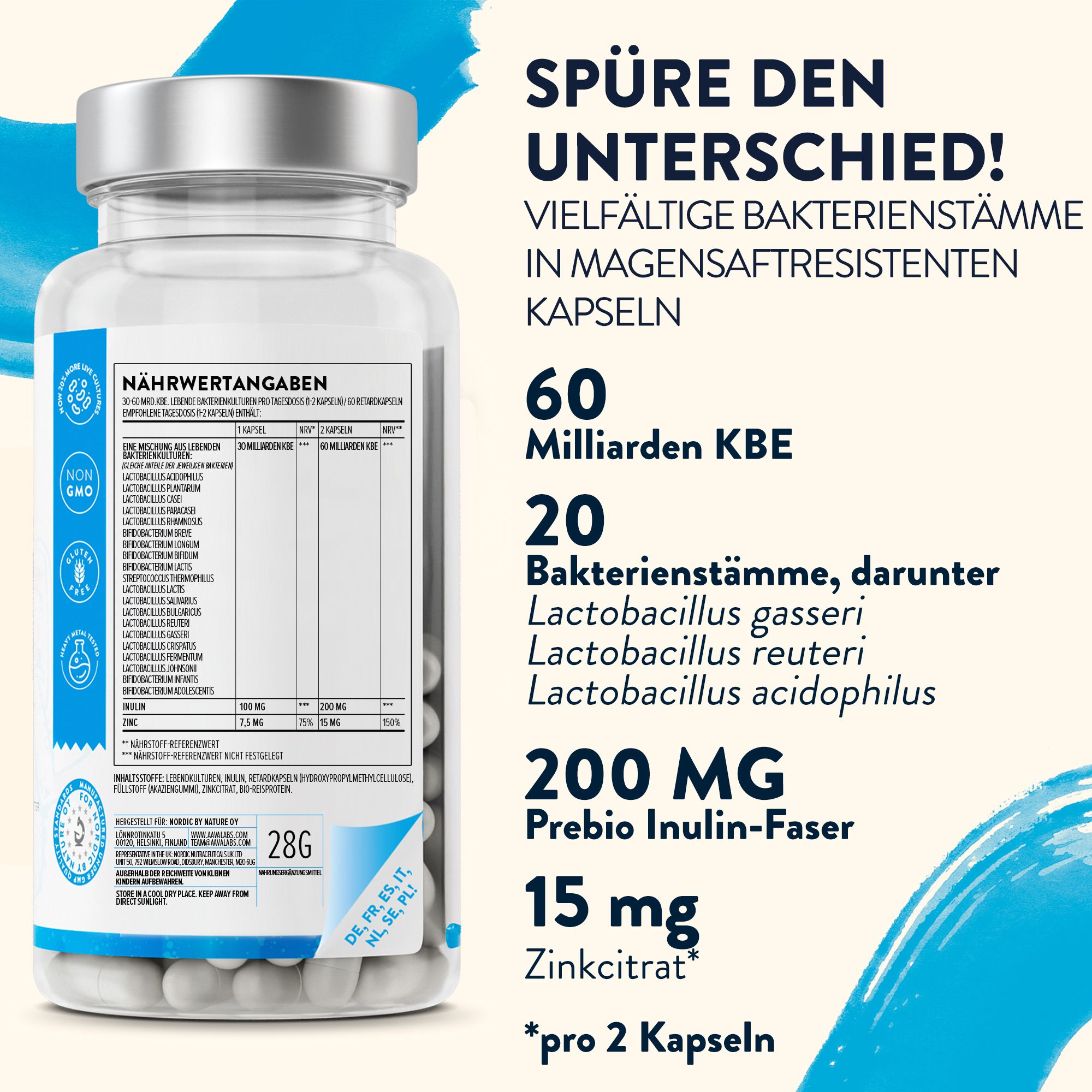 Flasche mit Nährwertangaben. 60 Milliarden KBE, 20 Bakterienstämme. 28g. Mit Prebio Inulin-Faser.