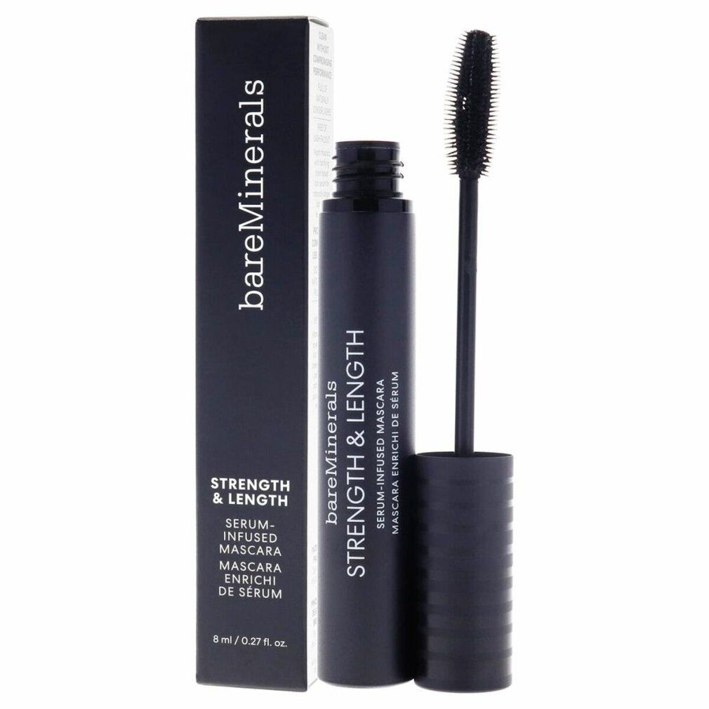 Schwarze Mascara-Tube und -Verpackung. Aufschrift: BareMinerals, Strength & Length. Mascara-Bürste ist sichtbar.