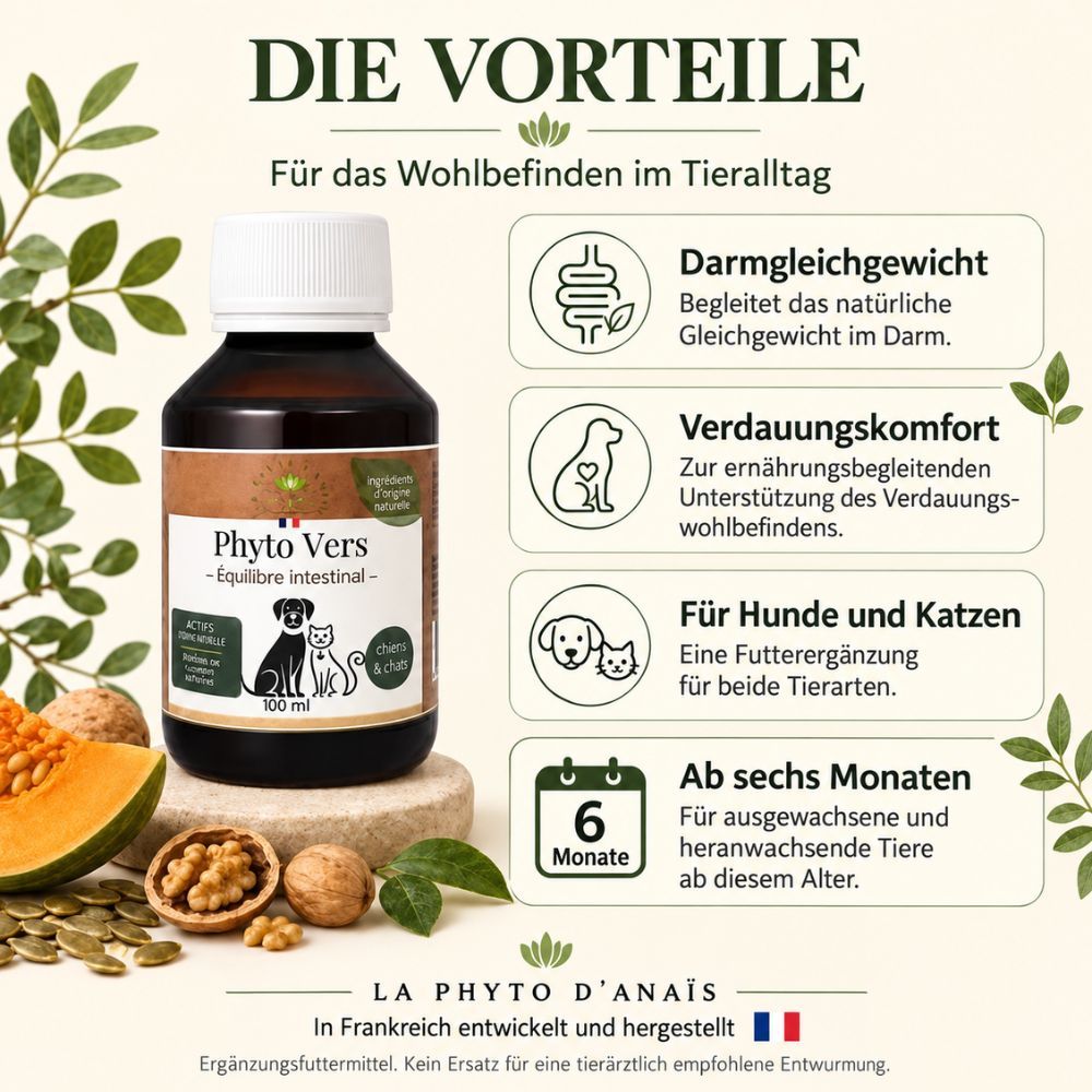 Vorteile von Phyto Vers für Hunde und Katzen: Darmgleichgewicht, Verdauungskomfort, ab sechs Monaten geeignet.