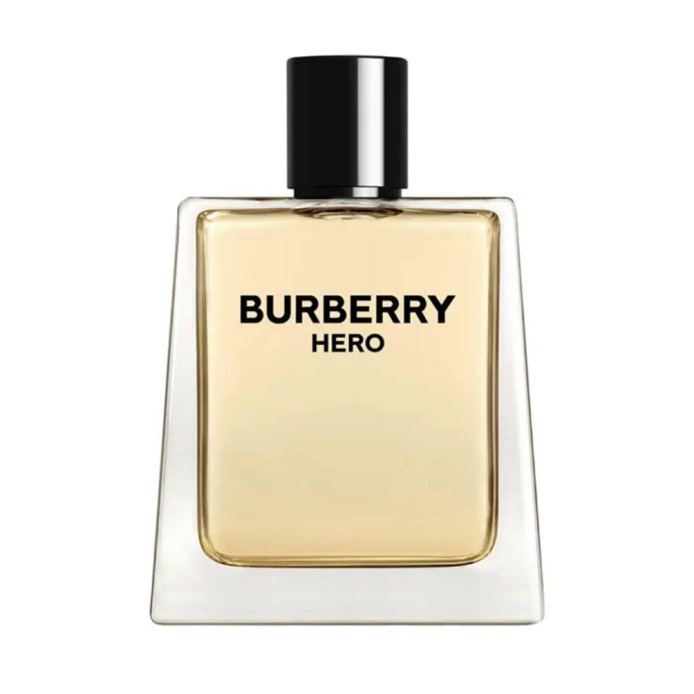 Burberry Hero E.d.T. Nat. Spray. Eckiger Flakon mit schwarzem Verschluss. Aufschrift: BURBERRY HERO.