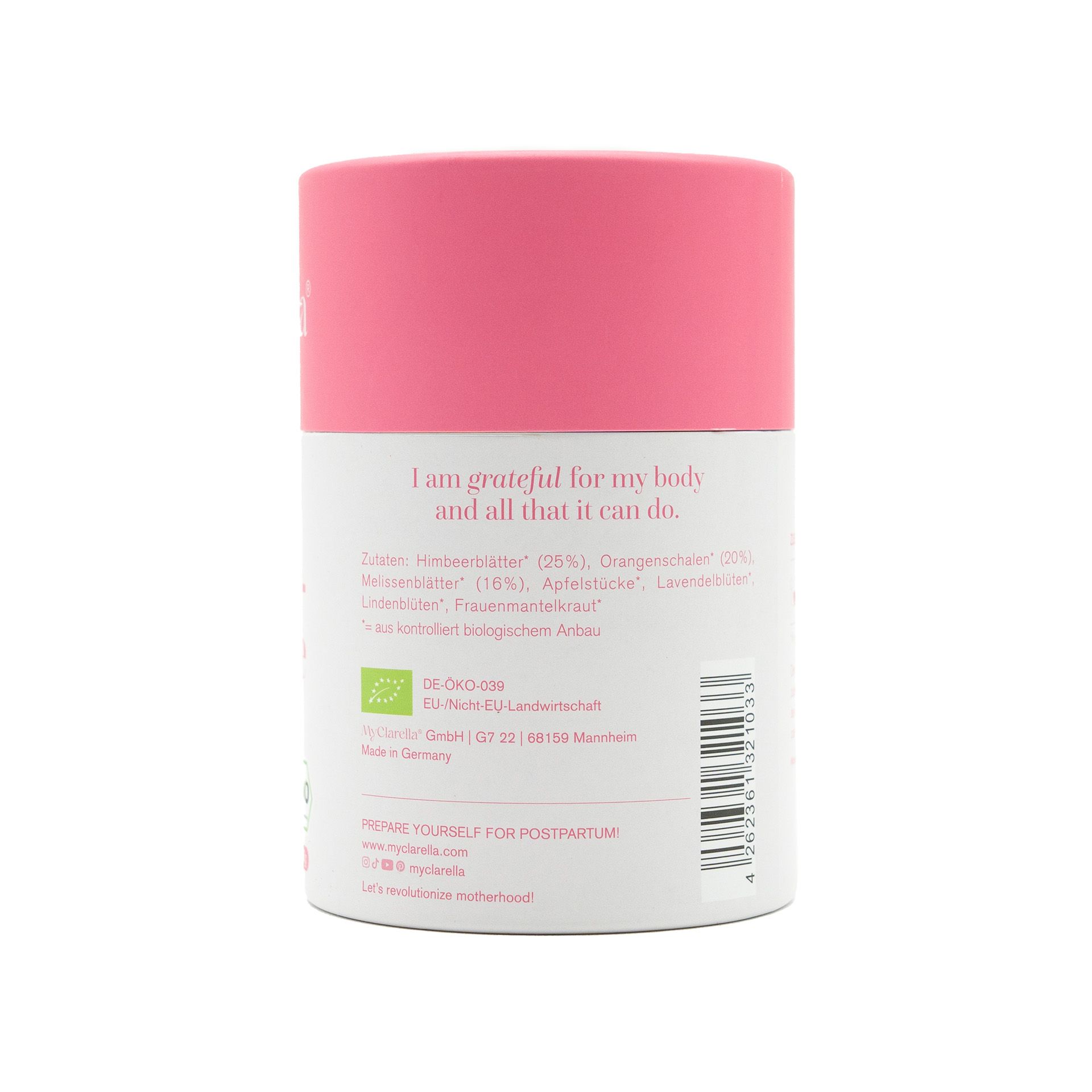 Zylindrische Teedose mit rosa Deckel. Aufschrift: "I am grateful for my body". Zutatenliste und Bio-Siegel.