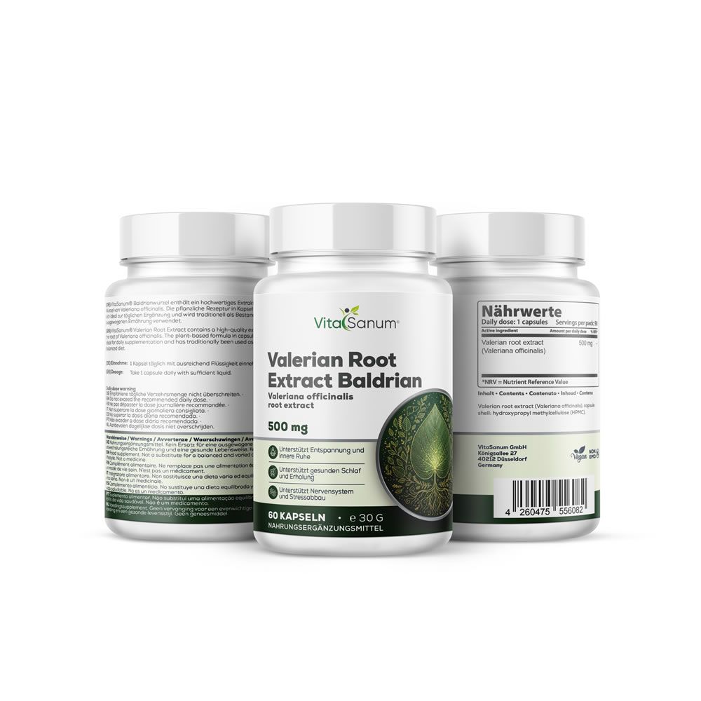 Drei weiße Flaschen mit Kapseln. Aufschrift: VitaSanum, Valerian Root Extract Baldrian, 500 mg, 60 Kapseln.