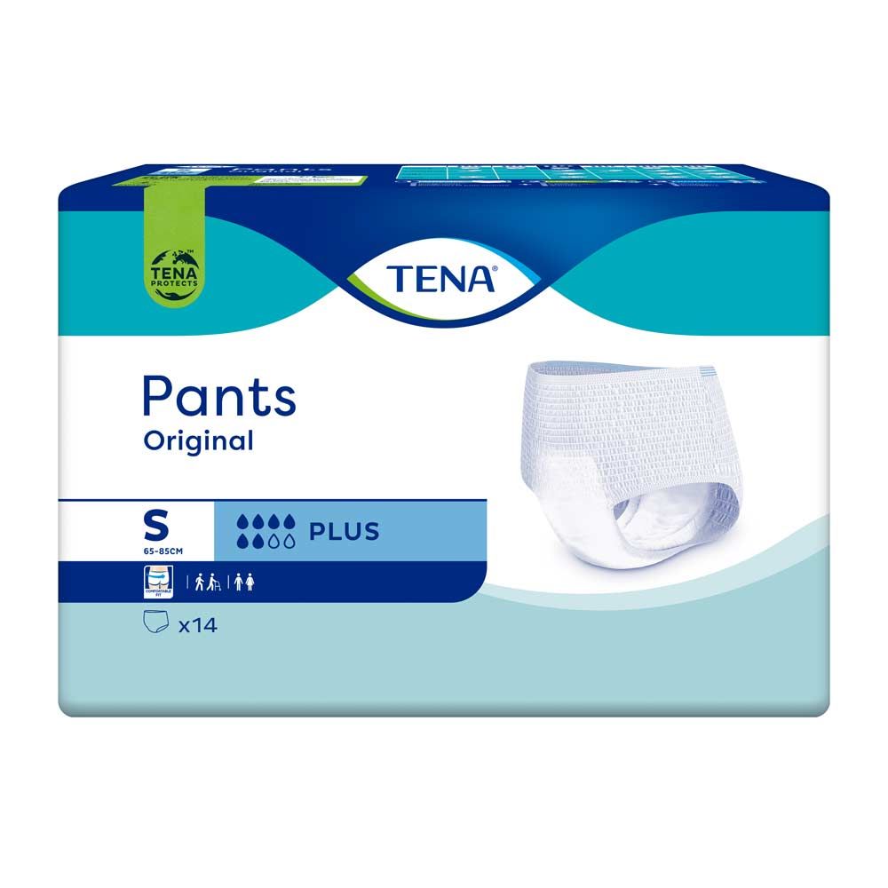 Verpackung TENA Pants Original Plus S. Blaue Verpackung mit Produktabbildung. Produktname, Größe S und Saugstärke angegeben.