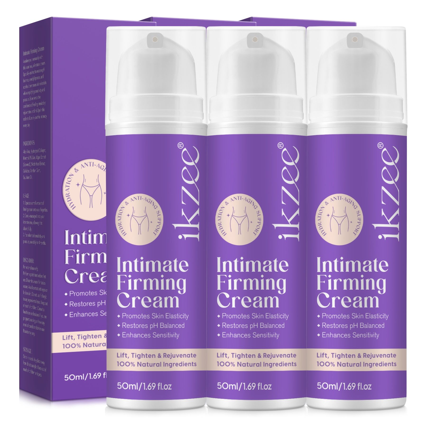 Drei Flaschen Intimcreme, lila-weiß, mit Produktnamen und Logo. Aufschrift: Intimate Firming Cream. 50ml/1.69 fl.oz.