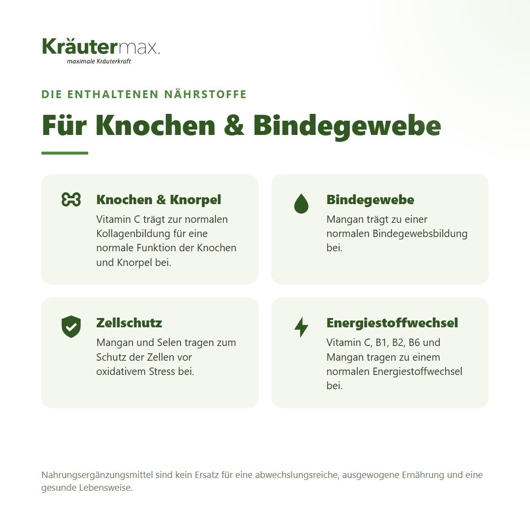 Anwendungshinweis: 1x täglich 1 Kapsel mit Flüssigkeit einnehmen. Enthält Kräutermax Gelenkaktiv+ Kapseln.