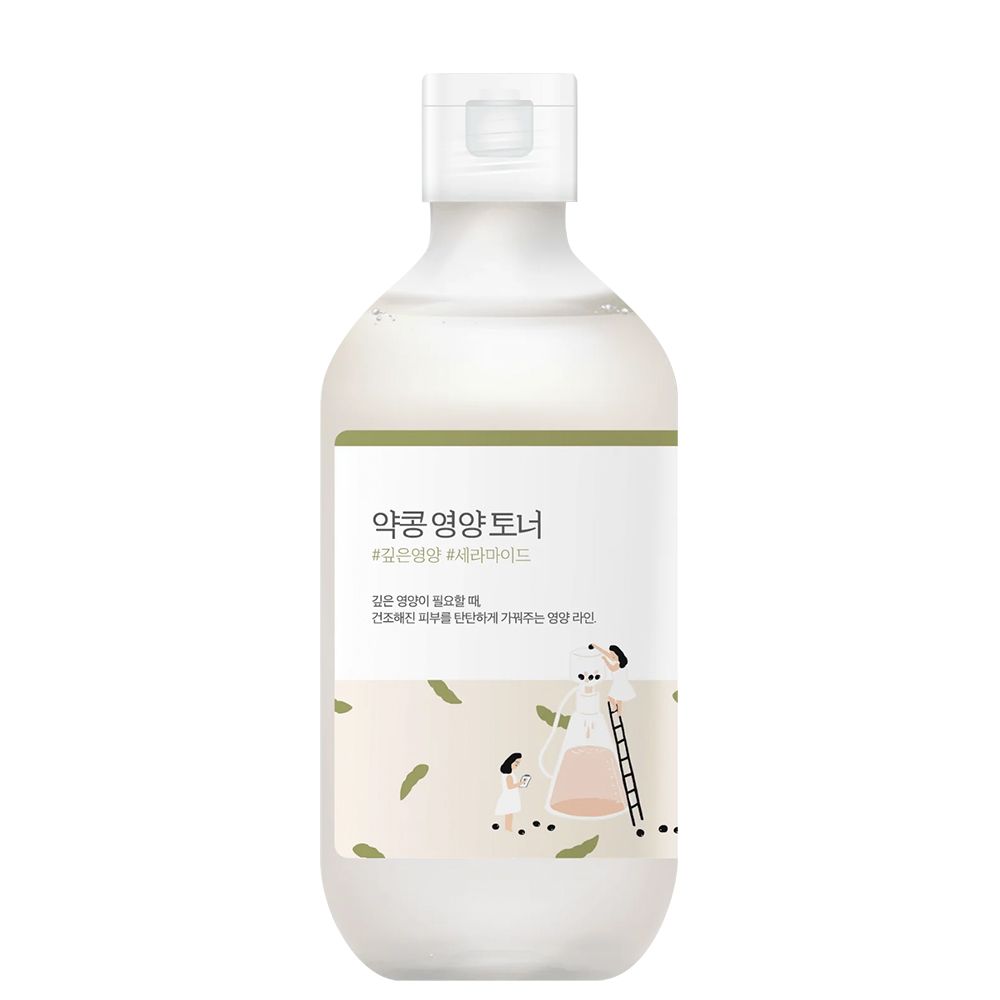 ROUND LAB Soy Bean Nourishing Toner in weißer Flasche mit weißem Klappverschluss und Etikett mit Illustration.