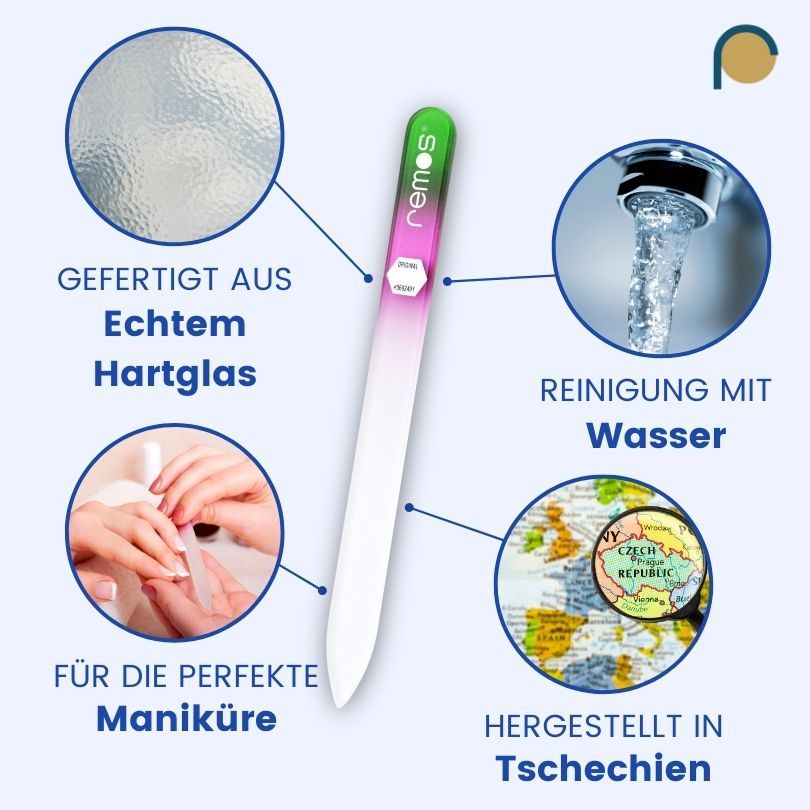 Glasnagelfeile mit Informationen zu Material, Reinigung, Maniküre und Herkunft.