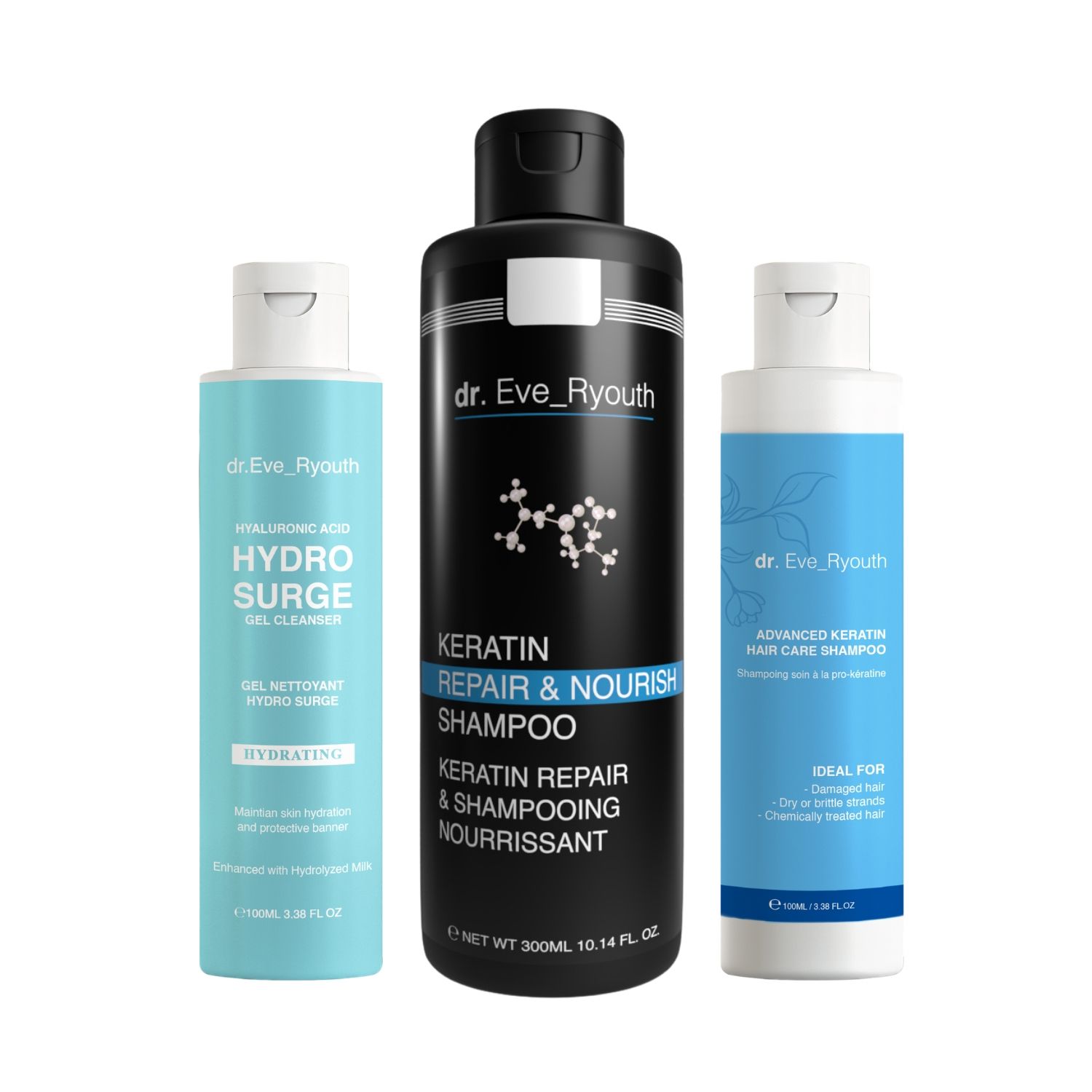 Drei Flaschen von Dr. Eve_Ryouth. Eine blaue Flasche mit der Aufschrift "HYDRO SURGE". Eine schwarze Flasche mit "KERATIN REPAIR & NOURISH SHAMPOO". Eine blaue Flasche mit "ADVANCED KERATIN HAIR CARE SHAMPOO".