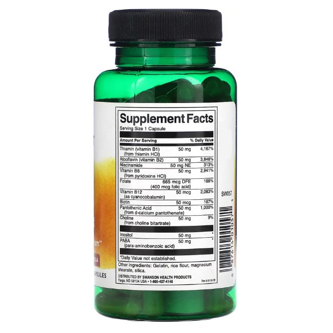 Rückseite der grünen Flasche. Zeigt Nährwertangaben für "SWANSON Balance B-50 Complex".