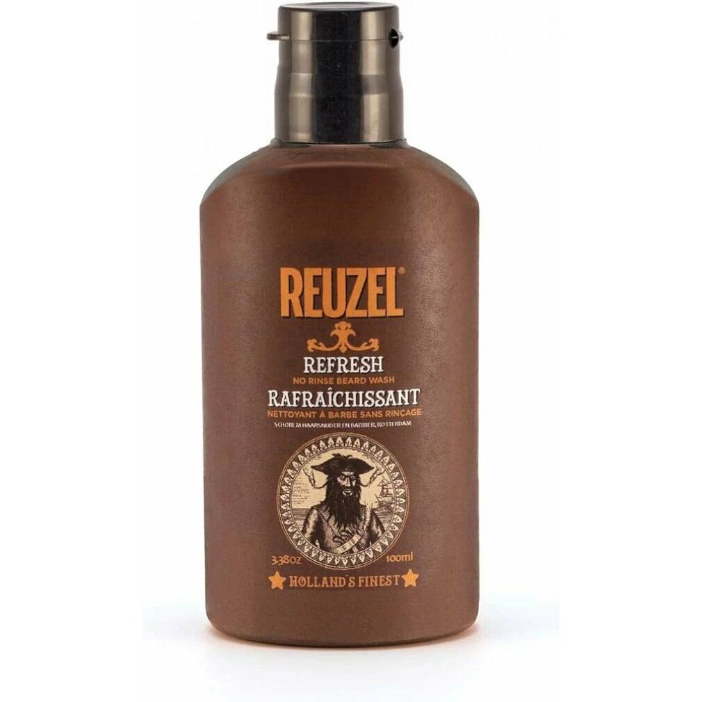 Reuzel Refresh No Rinse Bartwaschflasche, braun, mit schwarzem Verschluss.