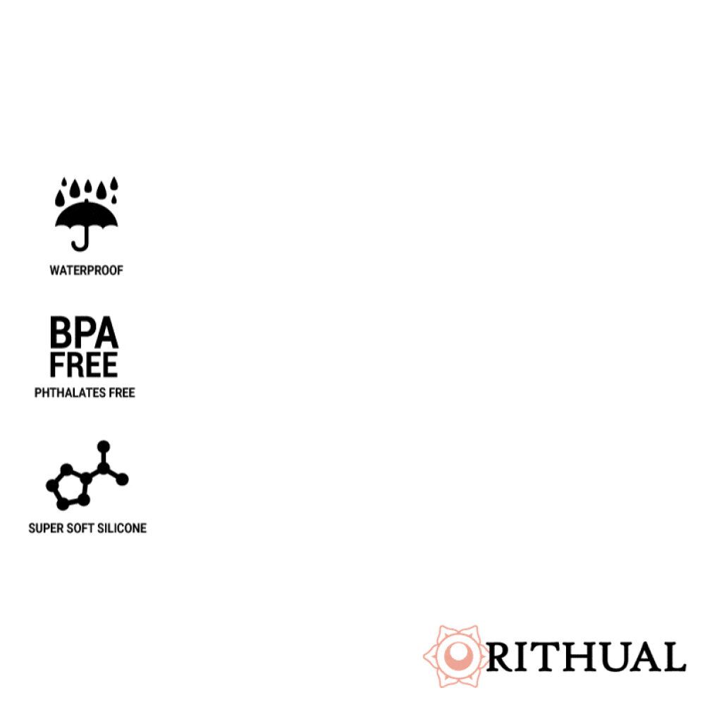 Logo mit Text: Rithual. Symbole: wasserdicht, BPA-frei, phthalatfrei, superweiches Silikon.