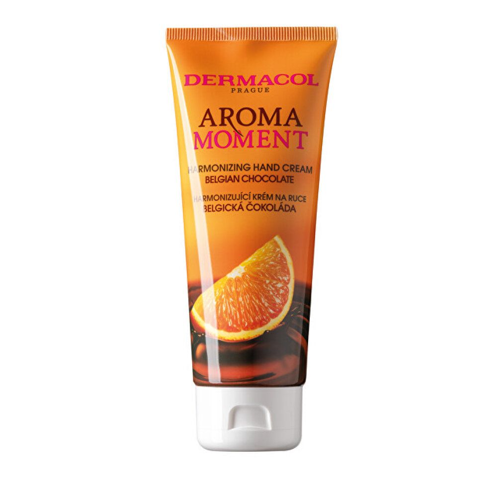 Tube Handcreme, orange-braunes Design. Text: Dermacol Aroma Moment, belgische Schokolade. Abbildung einer Orangenscheibe.