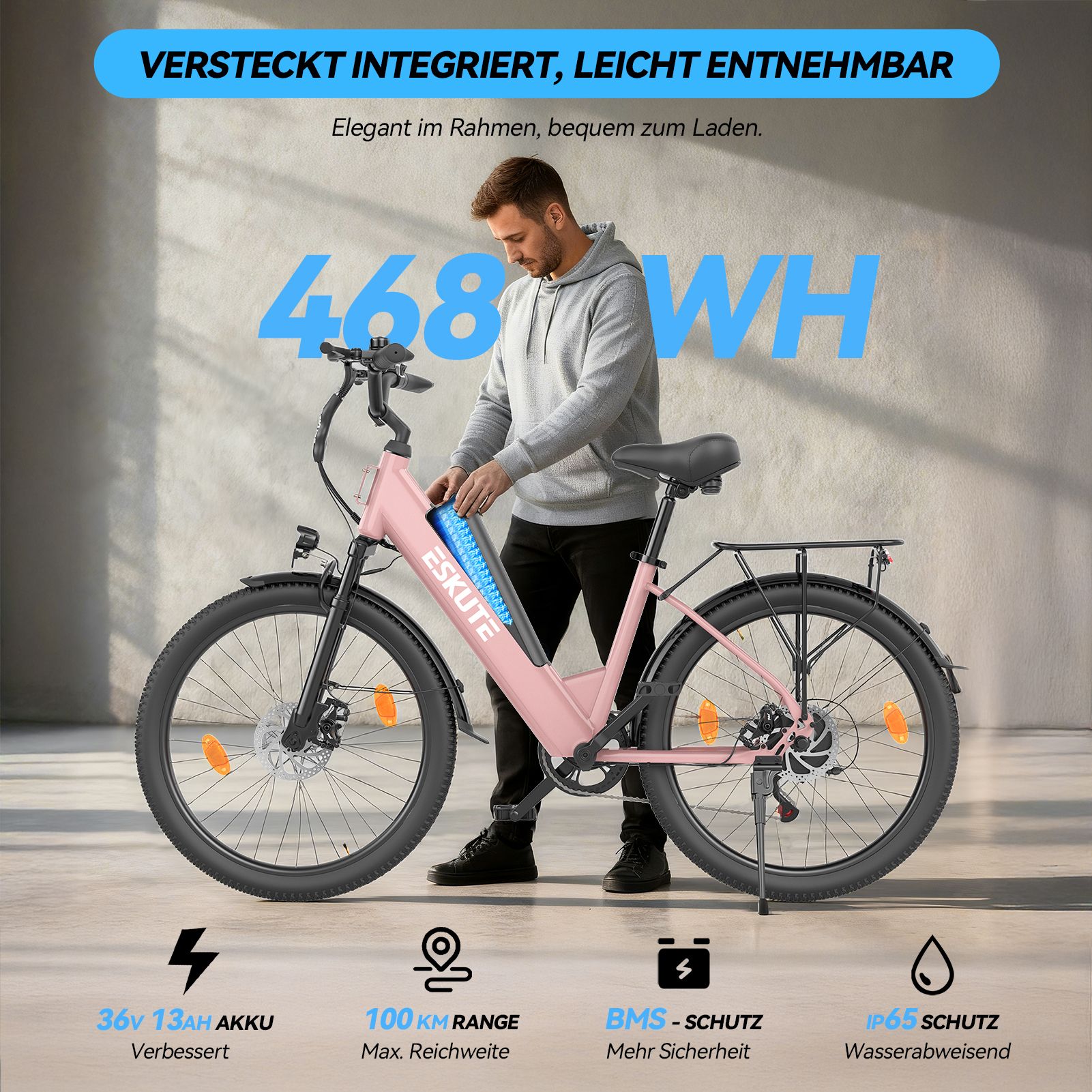 Mann setzt Akku in rosa Elektrofahrrad ein. Text: 36V 13AH Akku, 100KM Reichweite, BMS-Schutz, IP65 wasserabweisend.