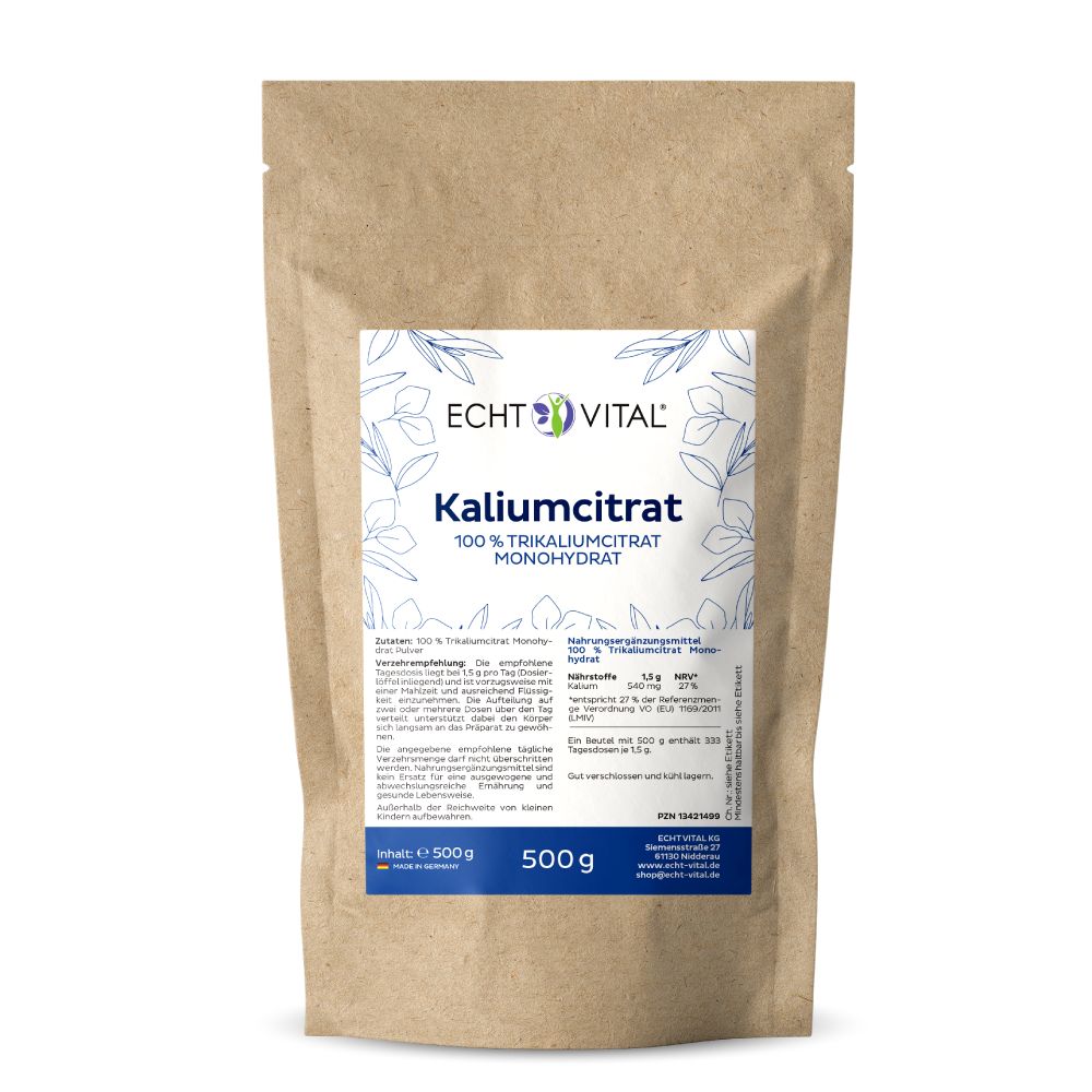 Braune Papierverpackung mit weißem Etikett. Aufschrift: Echt Vital Kaliumcitrat Pulver. Enthält 500g. Text in deutscher Sprache.