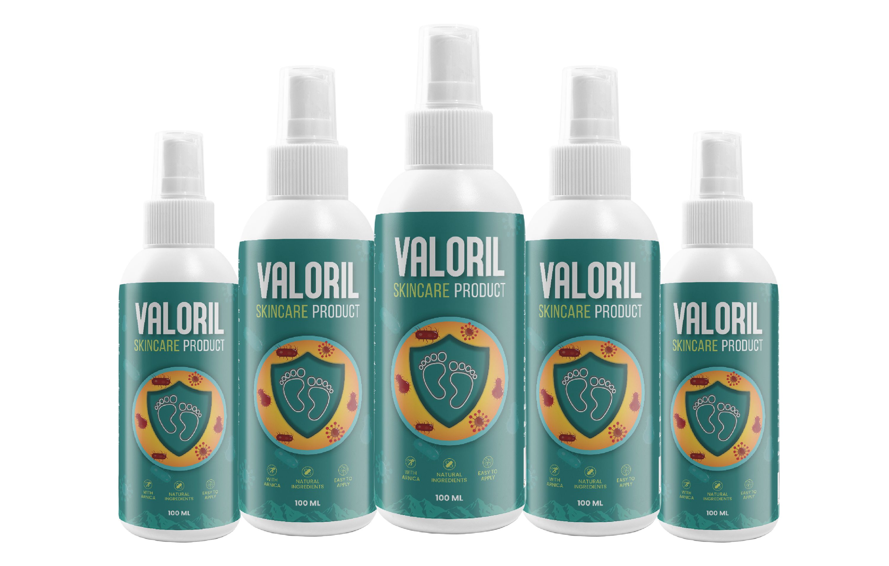 Fünf VALORIL Sprühflaschen mit Fuß-Symbol und Schild-Logo. Verschiedene Größen.