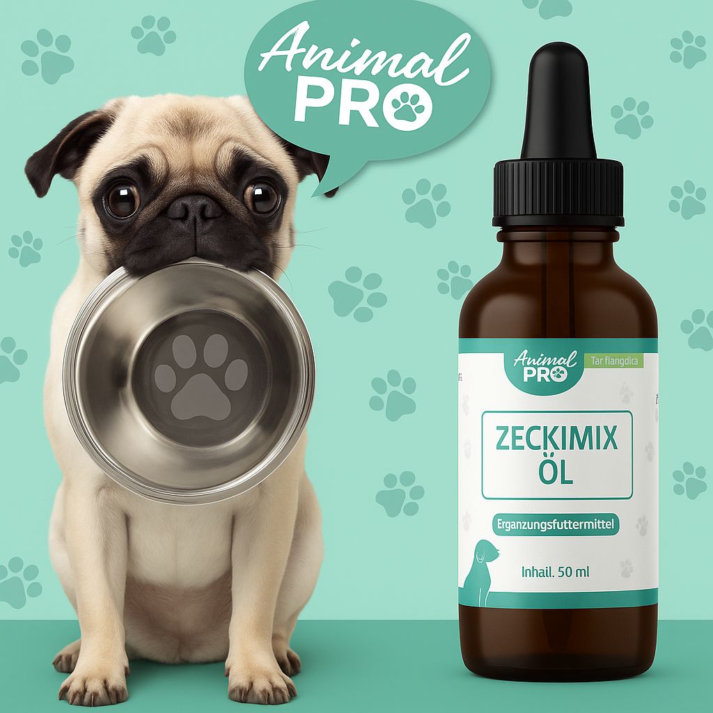 Braune Glasflasche mit schwarzem Tropfer. Etikett mit Produktnamen und Logo. Hund mit Napf.