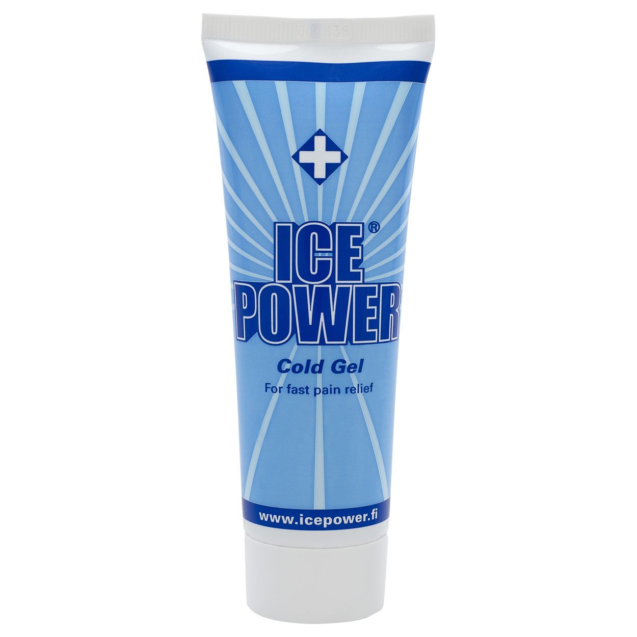 Blau-weiße Tube mit ICE POWER® Kühlgel-Aufdruck. Text: Cold Gel, For fast pain relief. Logo: Kreuz in Raute.