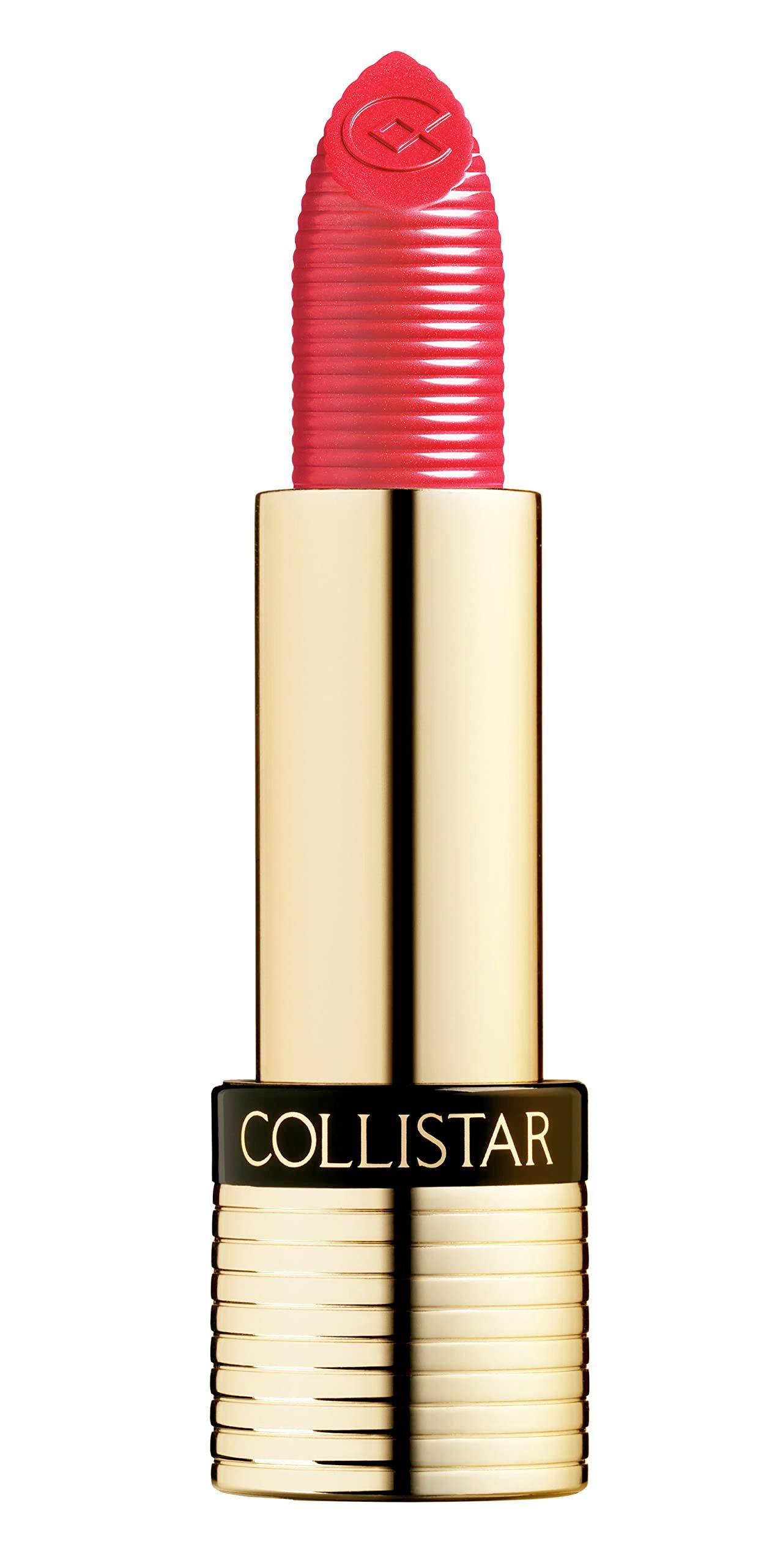 Rossetto Unico Collistar, Farbton 08 Geranio. Goldfarbener Lippenstiftbehälter mit schwarzem Band und Schriftzug COLLISTAR. Roter Lippenstift.