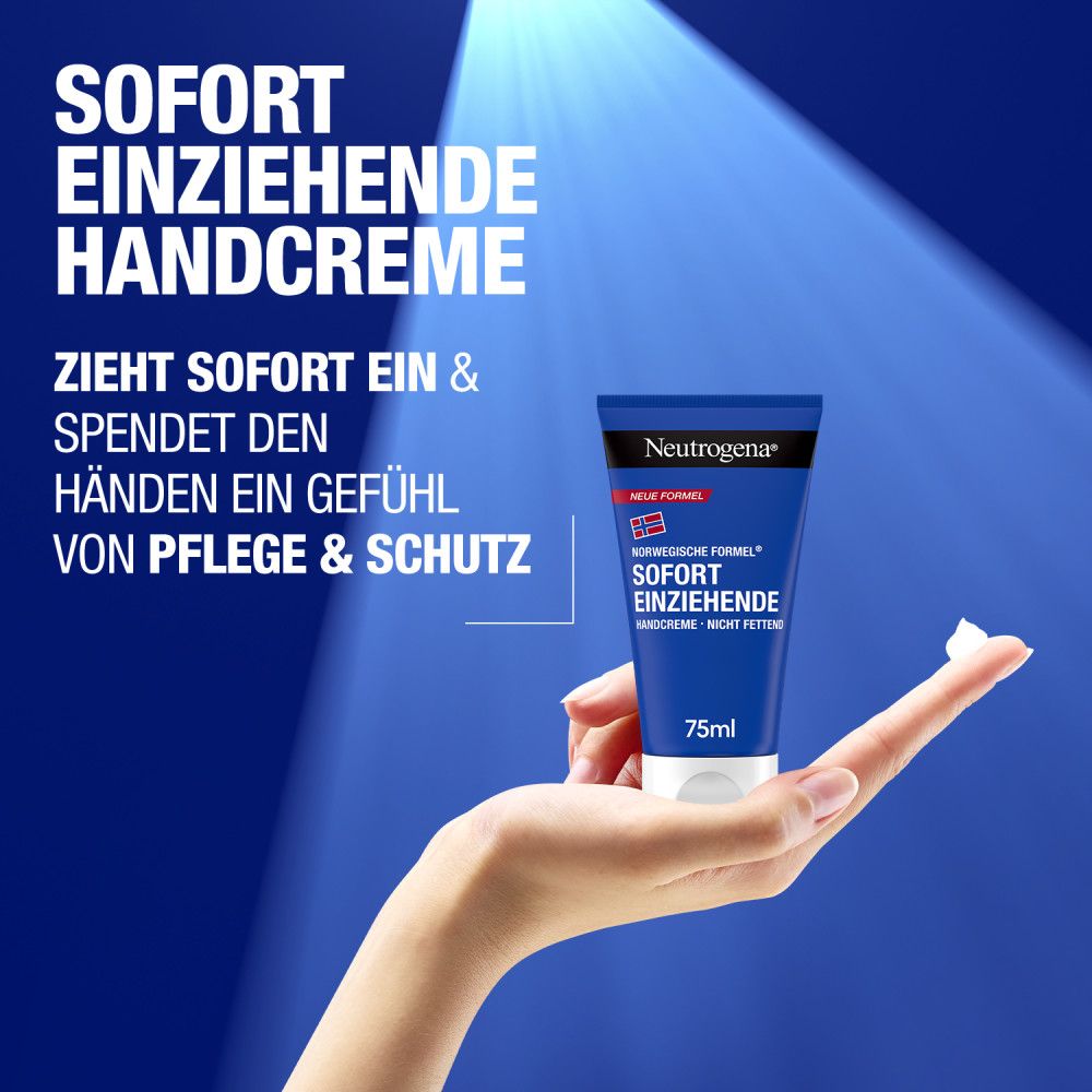 Hand hält Tube Handcreme. Text: Sofort einziehende Handcreme, 75ml.