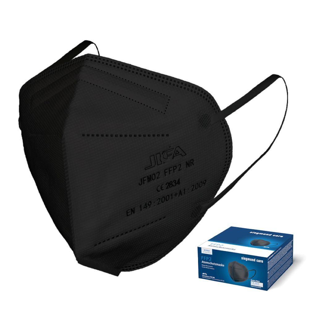 Schwarze Atemschutzmaske mit Ohrschlaufen und Verpackung. Aufgedruckte Logos und Zertifizierungen. CE 2834.