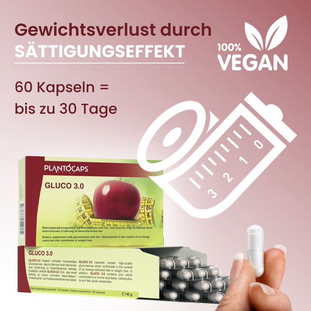 Packung plantoCAPS® GLUCO 3.0, 60 Kapseln. Vegan. Text: Gewichtsverlust durch Sättigungseffekt. Kapsel in der Hand.