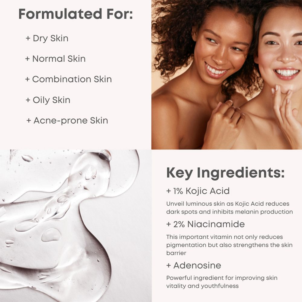 Zwei Frauen lächeln. Text: Formuliert für: trockene, normale, Misch-, fettige und zu Akne neigende Haut. Inhaltsstoffe: 1% Kojic Acid, 2% Niacinamid, Adenosin.