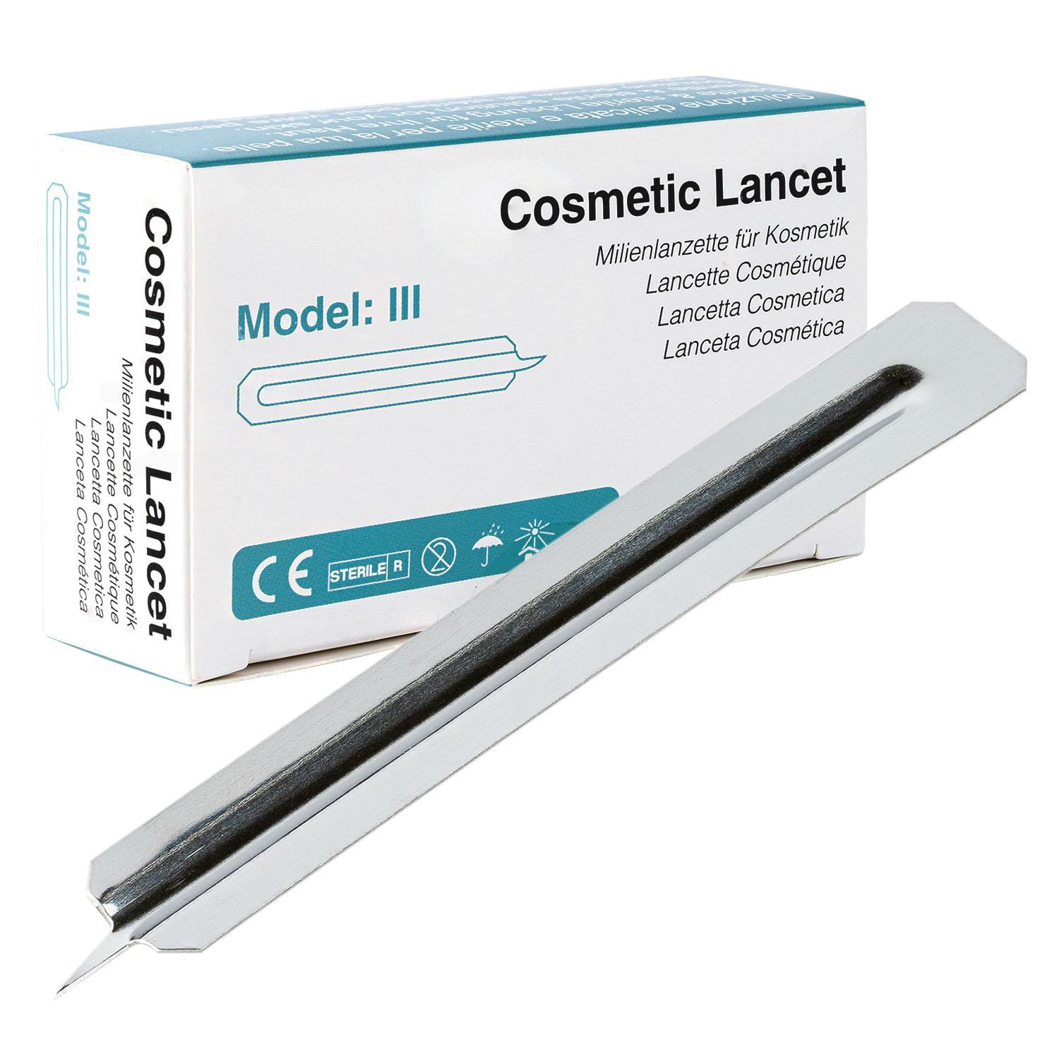 Sterile Kosmetik-Lanzette. Metallfarbenes Gehäuse mit schwarzem Einsatz und spitzer Spitze. Verpackung mit Produktbezeichnung und CE-Zeichen.