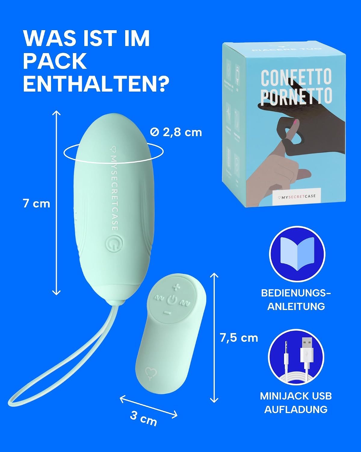 Hellgrüner Vibrator (7 cm) und Fernbedienung (7,5 cm) mit USB-Ladekabel.